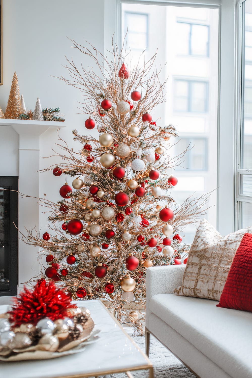 A stylishly decorated living room features a Christmas tree adorned with red and gold ornaments. The tree, positioned beside a large window, has delicate branches adorned with glitter and festive decorations. A white mantle behind the tree is decorated with miniature Christmas tree figurines. In the foreground, a beige sofa with textured pillows, one in red and another in gold, complements the overall setting. A white coffee table with golden edges holds a festive red and gold arrangement, enhancing the holiday spirit.