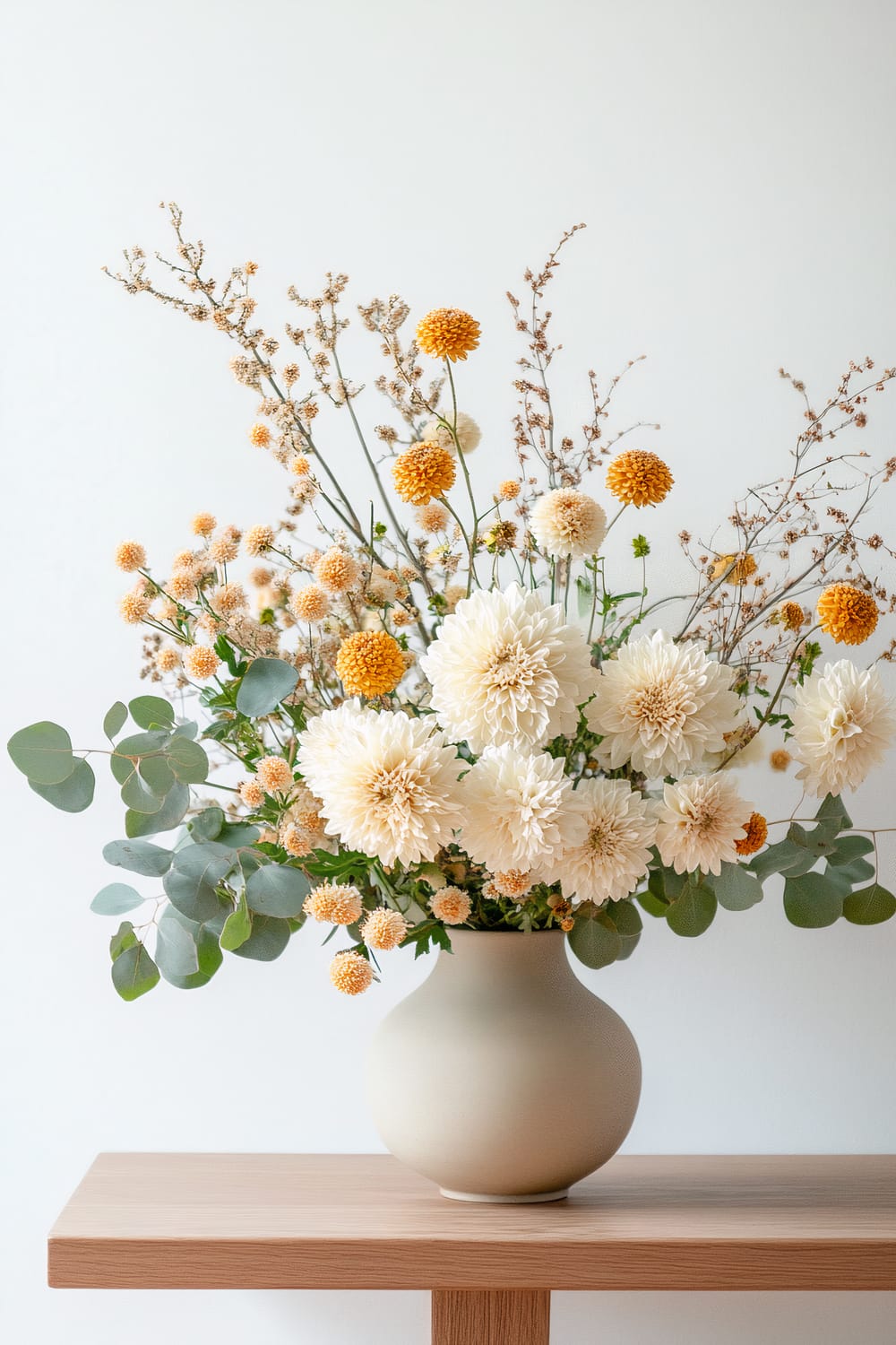 Floral arrangement in a beige vase on a wooden table. The arrangement includes white dahlias, orange button flowers, and eucalyptus leaves, against a white background.