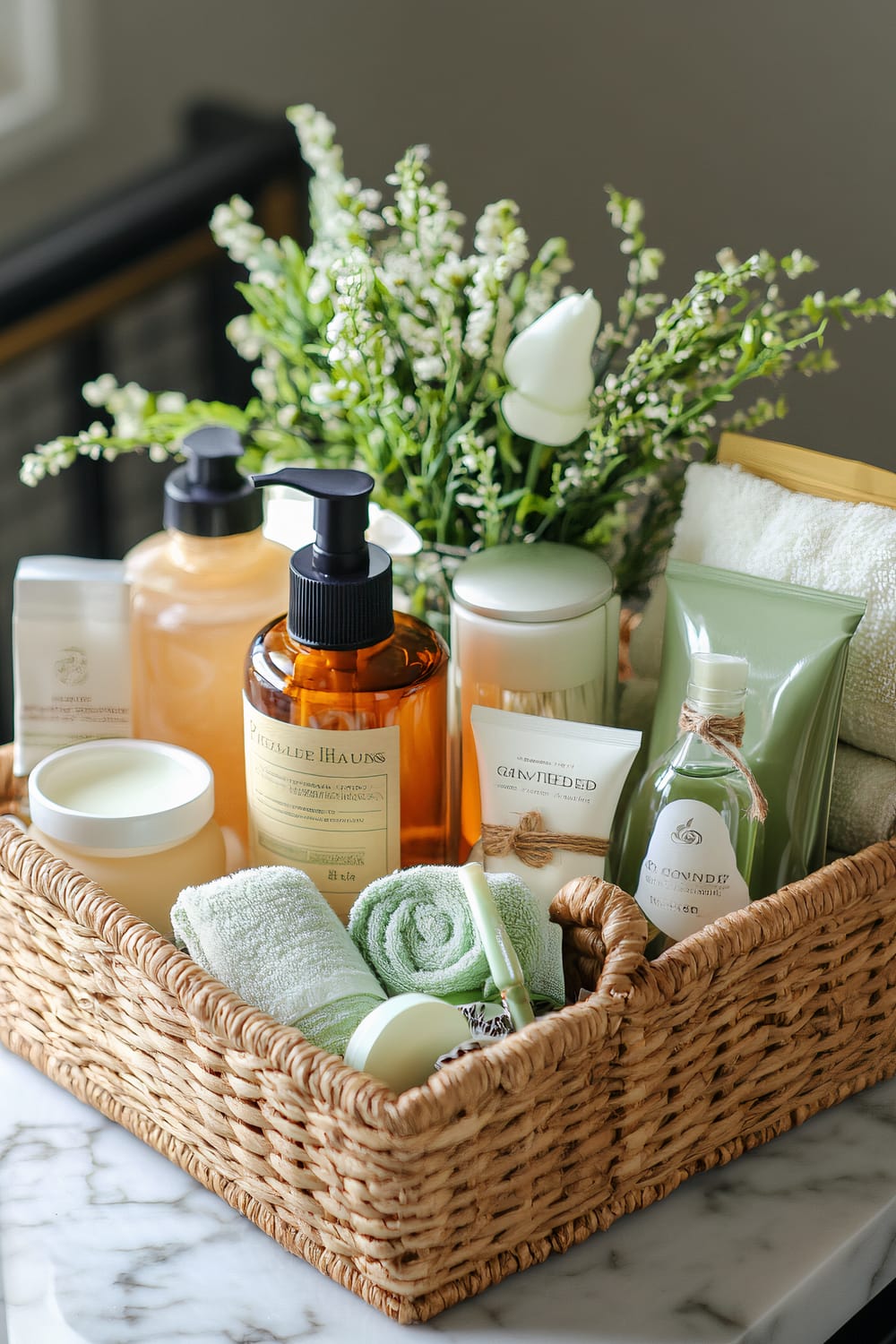 A wicker basket sits on a marbled surface, neatly filled with an array of spa-like items. The basket contains various bottles and jars with lotions and cleansers, a jade roller, rolled towels in light green, a toothbrush, and a small bouquet of white flowers and greenery. The setting suggests a serene and relaxing spa environment, with a strong emphasis on self-care and tranquility.