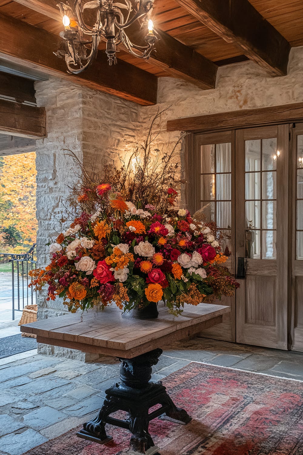 An elegant rustic hallway featuring a large floral arrangement on a wooden table with a black wrought iron base. The flowers are vibrant with orange, pink, red, and white hues. The stone walls and wooden ceiling with exposed beams add to the rustic charm. A wrought iron chandelier hangs above, and wooden French doors with glass panes lead to an outdoor area.