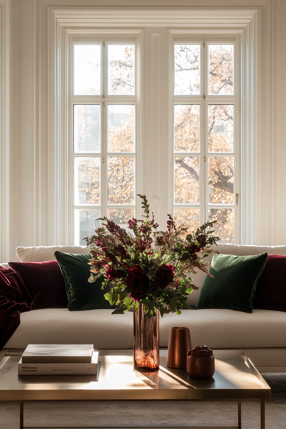 An elegantly decorated living room features a neutral-toned sofa adorned with emerald green velvet cushions and a burgundy throw blanket. In front of the sofa, a sleek brass coffee table holds a simple centerpiece of emerald and burgundy flowers in a tall vase, accompanied by a stack of vintage books and a few minimalistic copper vases. Large white windows behind the sofa let in ample natural light, creating a cozy and sophisticated atmosphere.