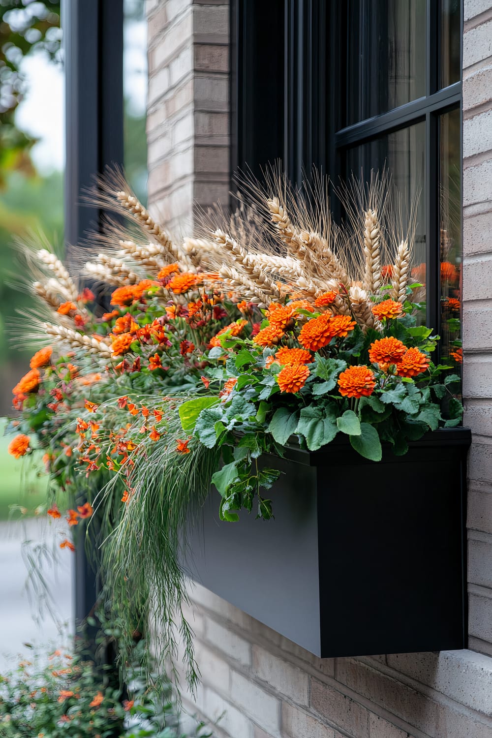 A black window box mounted on a brick wall displays a vibrant arrangement of orange flowers, green foliage, and decorative wheat stalks. The box is attached beneath a black-framed window, with the lush greenery and striking flowers cascading over its edges.