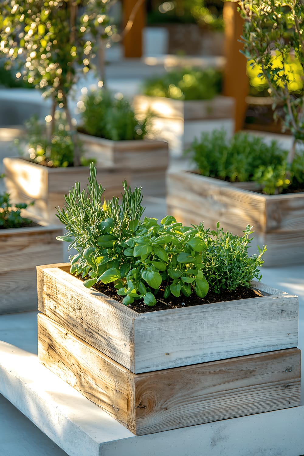 A compact modern herb garden with several types of herbs in minimalist wooden planters made of light-toned reclaimed wood, arranged neatly on a white stone countertop, with a small, modern outdoor kitchen setup in the background. Bright daylight accentuates the vibrant green of the basil, rosemary, thyme, and mint plants, which are each labeled with small white tags.