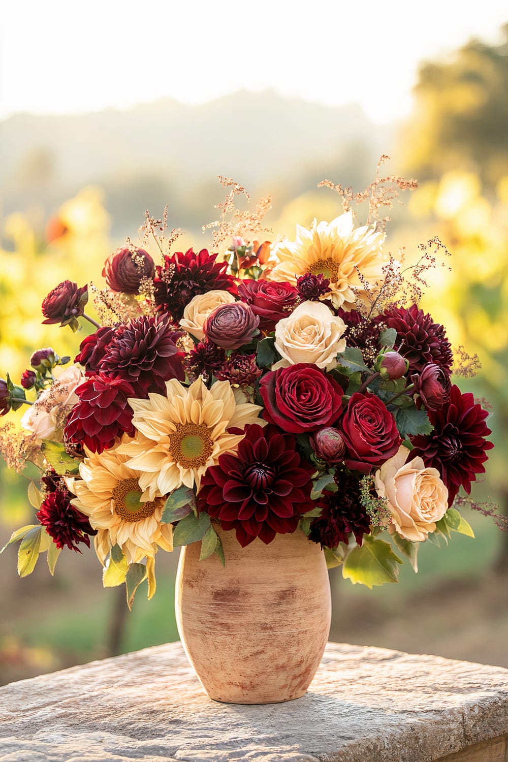 A floral arrangement featuring sunflowers, roses, and dahlias in shades of deep red, burgundy, peach, and yellow, placed in a rustic terracotta vase. The bouquet is set outdoors on a stone surface with a blurred background of greenery and soft sunlight.