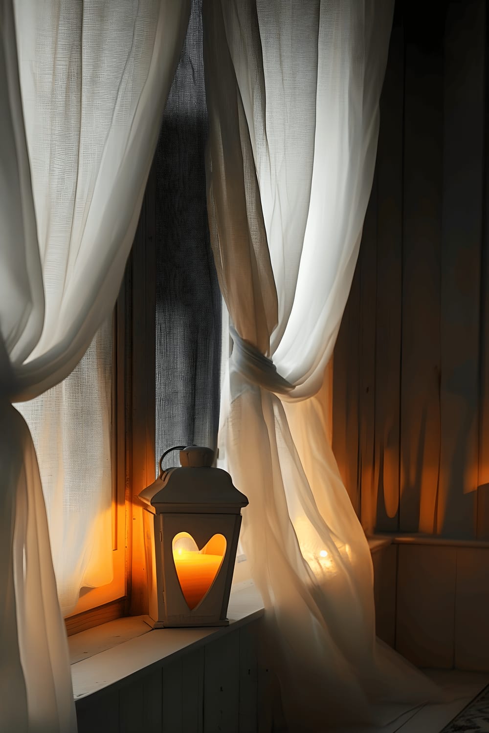 A window covered with delicate, flowing white curtains that billow in an unseen breeze. In the center of the window hangs a heart-shaped lantern, illuminating softly with warm light. The ambiance is romantic and inviting, with a comforting glow spreading into the room.