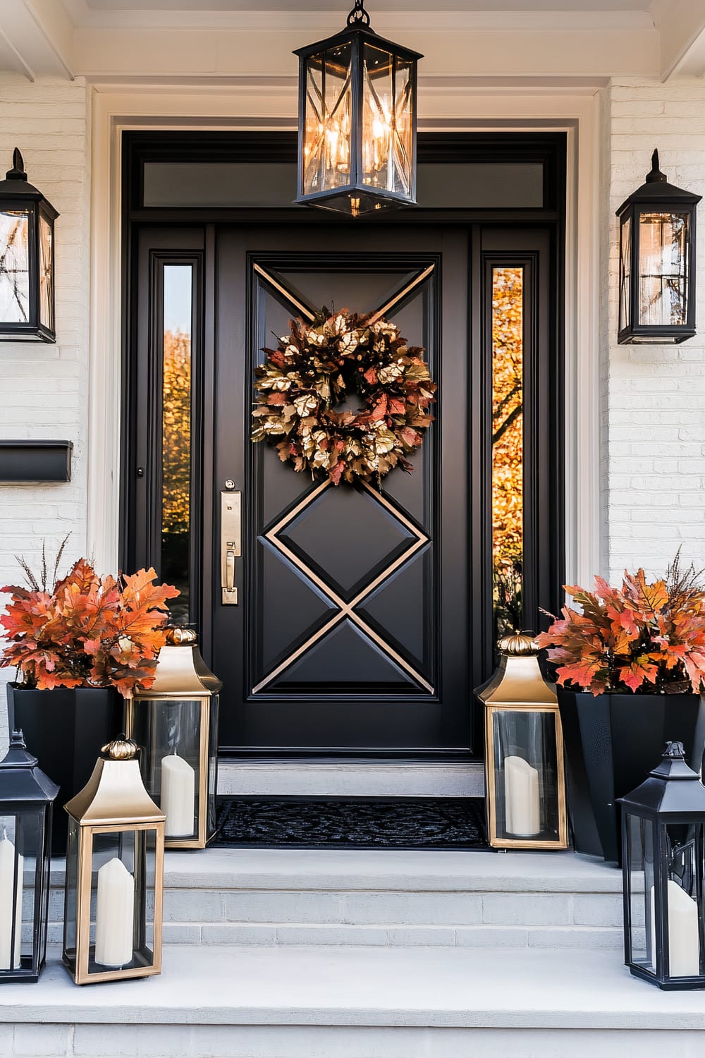 A stylish front door adorned with a festive fall wreath featuring autumn leaves in various shades of orange, red, and gold. The door has sleek modern black panels with metallic accents. Surrounding the entrance are large black planters with vibrant fall foliage, complementing the wreath. Several stylish lanterns with white candles are placed symmetrically on the steps leading up to the door. The exterior wall is light-colored brick, and two matching wall lanterns as well as a central hanging lantern illuminate the scene.