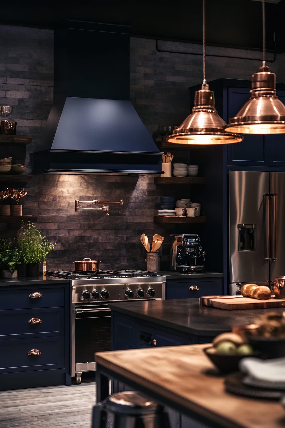 A moody farmhouse kitchen featuring deep navy blue cabinetry, matte black countertops, copper pendant lights, a central island, a stainless steel range with vintage knobs, a built-in espresso machine, integrated stainless steel refrigerator, reclaimed wood flooring, and exposed brick walls.