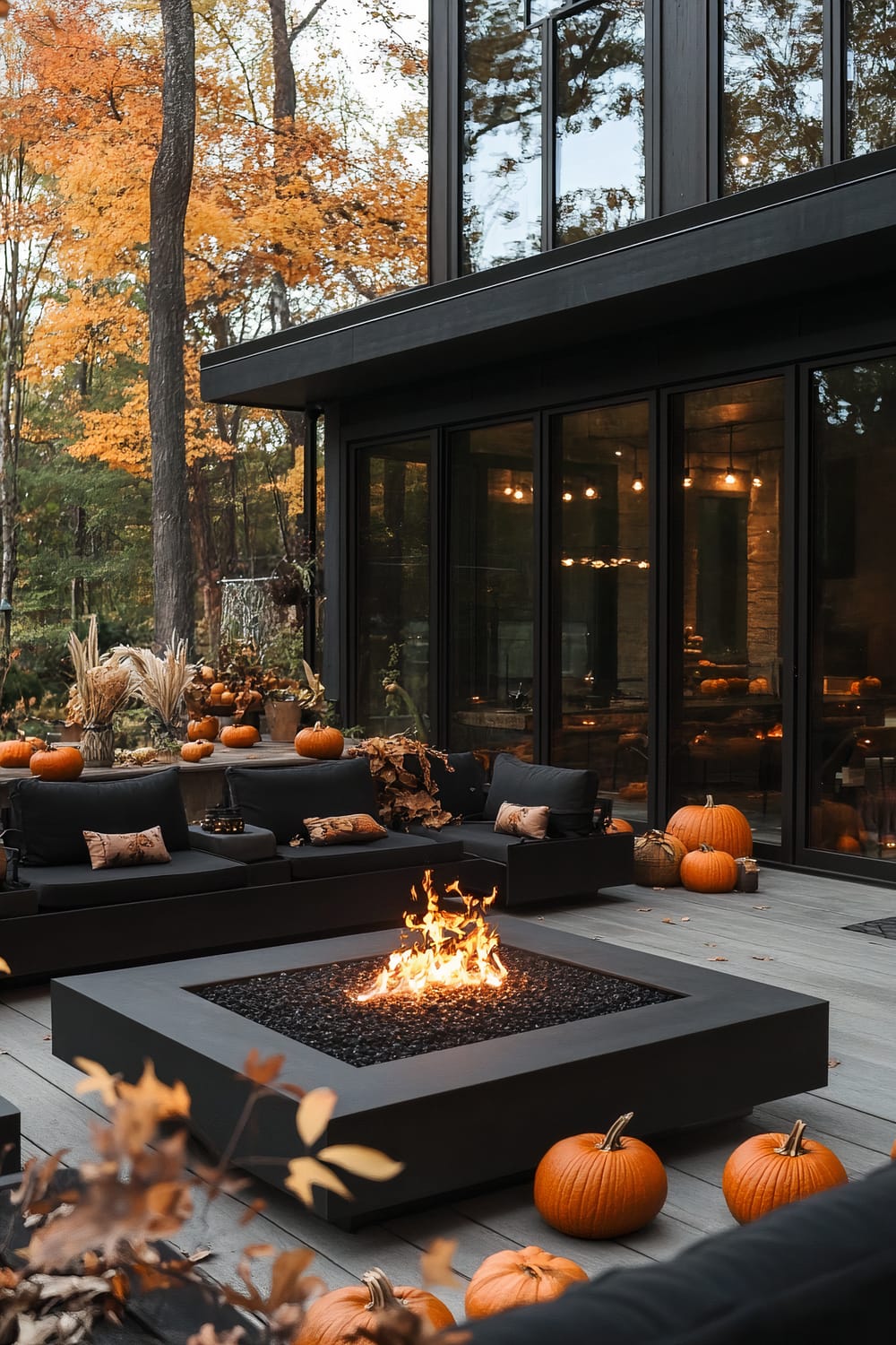 An outdoor autumn-themed living area in the backyard with modern black furniture and a large square fire pit in the center. Surrounding the fire pit are dark, comfortable sofas with decorative pillows. The area is adorned with pumpkins and fall plants. The background features floor-to-ceiling windows of a modern black house, reflecting the warm glow from inside. The surrounding trees display vibrant autumn foliage.