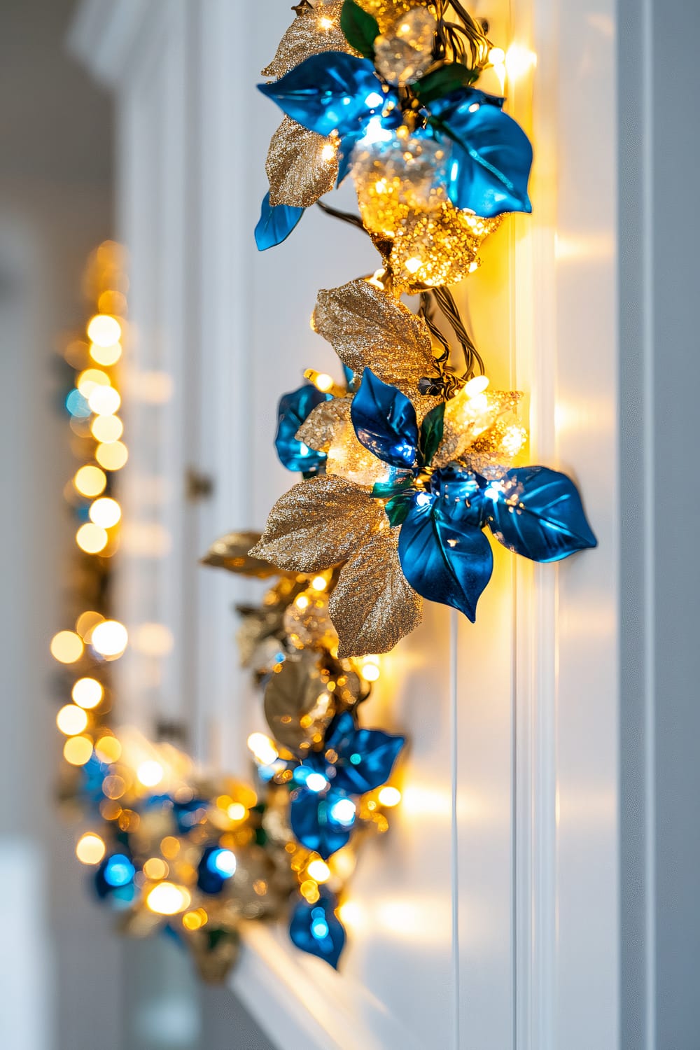 A close-up of a garland featuring vibrant blue and gold twinkling lights, intricately draped along a white kitchen cabinet. The blue lights are accompanied by gold glittery leaves, creating a striking contrast against the bright white background.