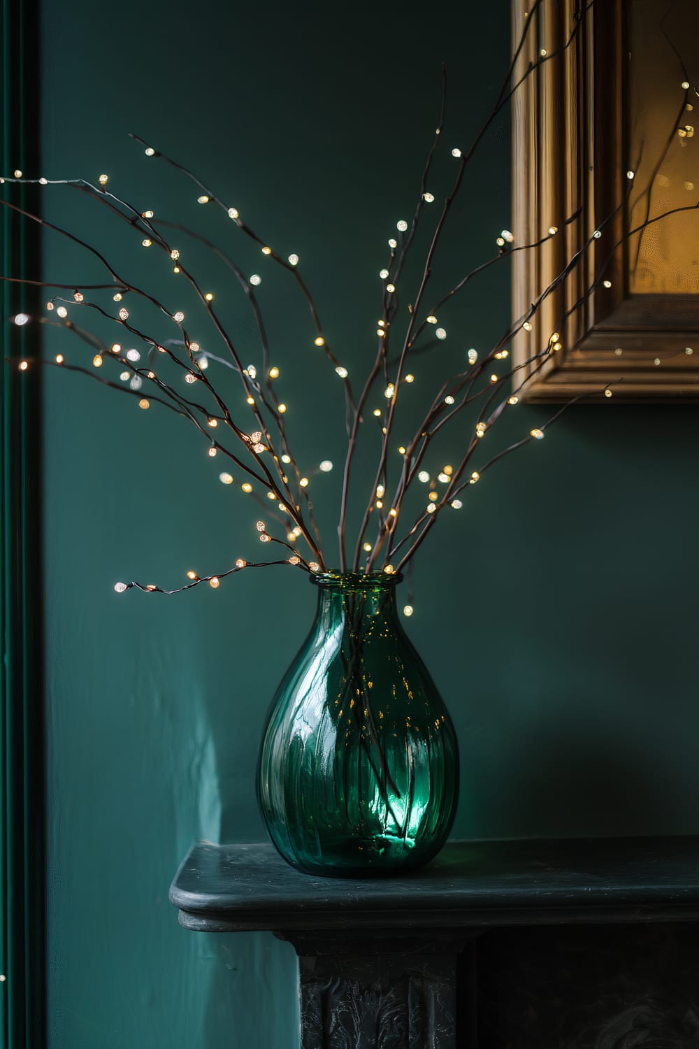 An elegant green glass vase with twig lights placed on a dark-colored mantelpiece. The background wall is painted in a rich hunter green color, and part of a golden framed artwork is visible on the right side of the image.