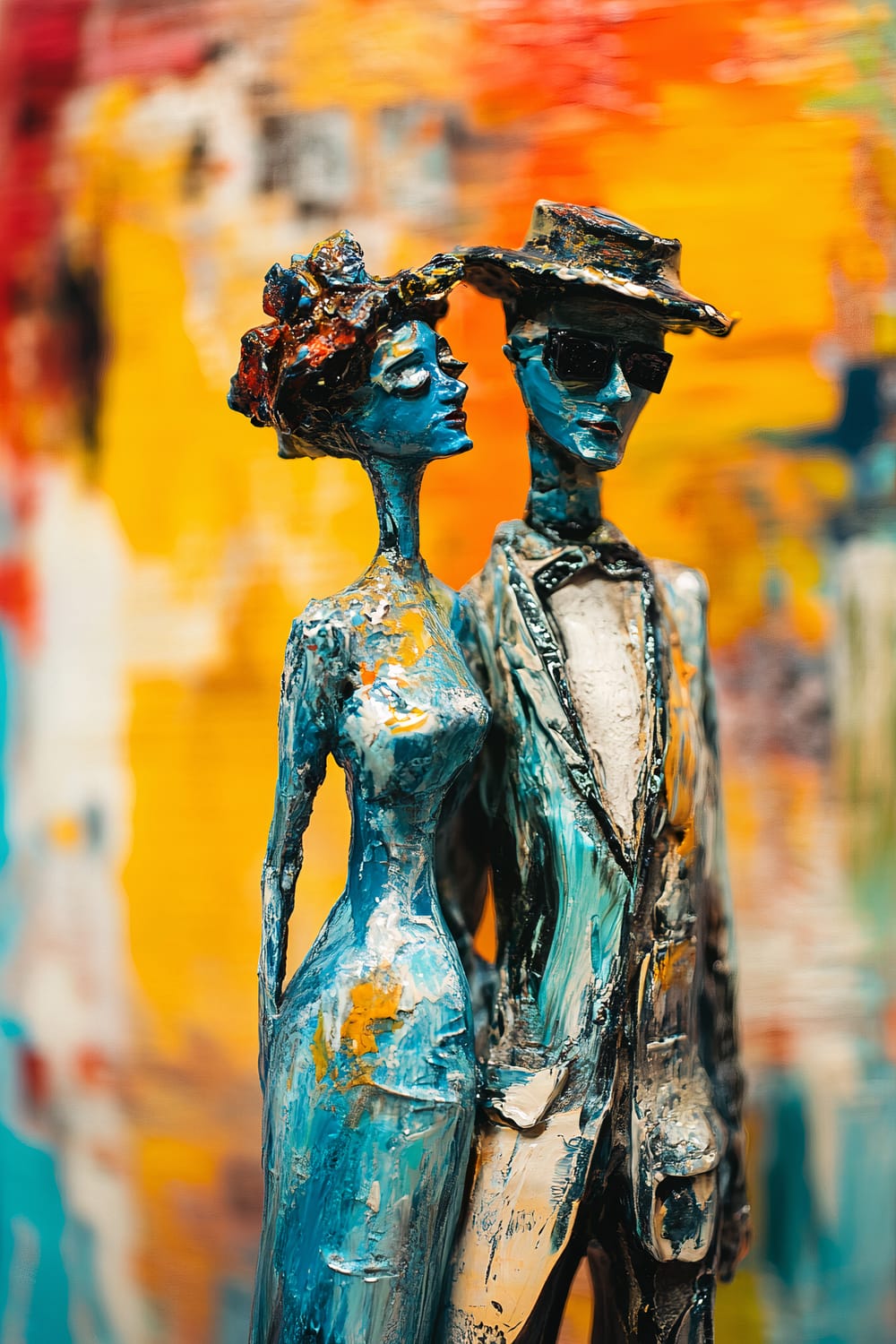 A close-up of two 3D ceramic sculptures resembling human figurines, painted in vibrant colors and set against a lively, abstract painted backdrop. The sculptures are intricately designed, with one figurine wearing a hat and sunglasses, exuding a modern, artistic style. The background features bold, dynamic brushstrokes in shades of yellow, orange, red, and blue, enhancing the overall visual appeal.