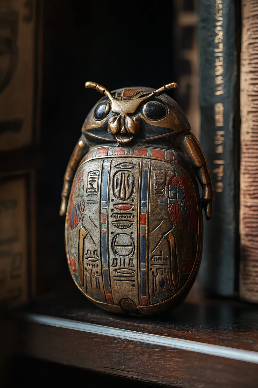 A close-up image of a handcrafted antique Egyptian scarab figurine made from polished limestone. The scarab, seen in profile, features intricate engravings and symbolic elements, including various patterns and artistic depictions. It is placed on a dark wood shelf, with soft ambient lighting highlighting its detailed craftsmanship. The background is blurred, emphasizing the significance of the scarab figurine.