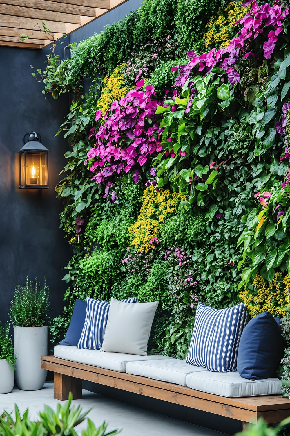 A vibrant vertical garden wall filled with a lush variety of greenery and brightly colored flowers, covering the backdrop of a minimalist patio. A teak bench with white cushions and navy striped pillows sits against the garden wall. Along the edge of the patio, small concrete planters with succulents and a lantern-style LED light add further detail to the scene.