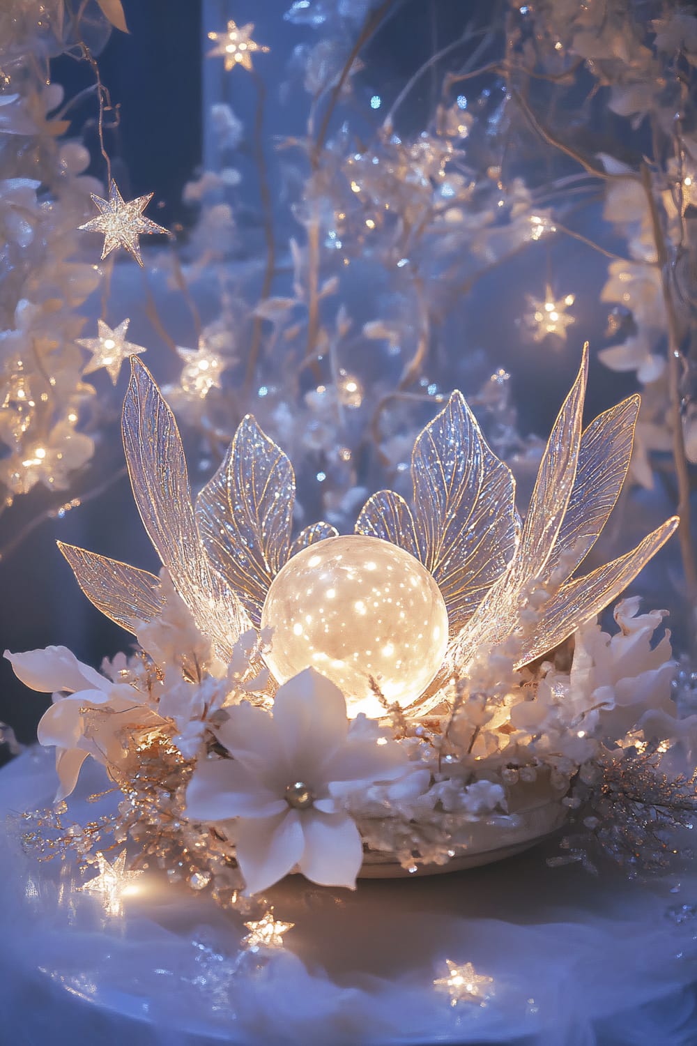 An intricately decorated arrangement featuring a glowing moonstone centerpiece. The moonstone is surrounded by delicate, shimmering fairy wings that appear almost translucent. Floating holographic stars add to the ethereal ambiance, while soft, magical lighting illuminates the scene. White flowers and other delicate ornaments complement the mystical theme and are arranged around the moonstone.