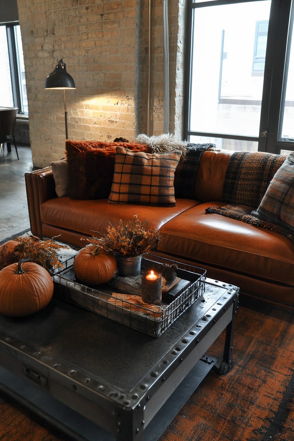 A contemporary living room features a brown leather sofa adorned with various textured and plaid cushions, complemented by a mix of cozy, warm-colored throw blankets. Next to it, an industrial-style coffee table made of dark metal and wood displays decorative items such as pumpkins, a lit candle, and dried floral arrangements, adding to the autumnal theme. The space has an exposed brick wall backdrop with large windows allowing natural light to filter in, illuminating the arrangement with an inviting glow. Nearby, a black vintage-style floor lamp enhances the room's rustic charm.