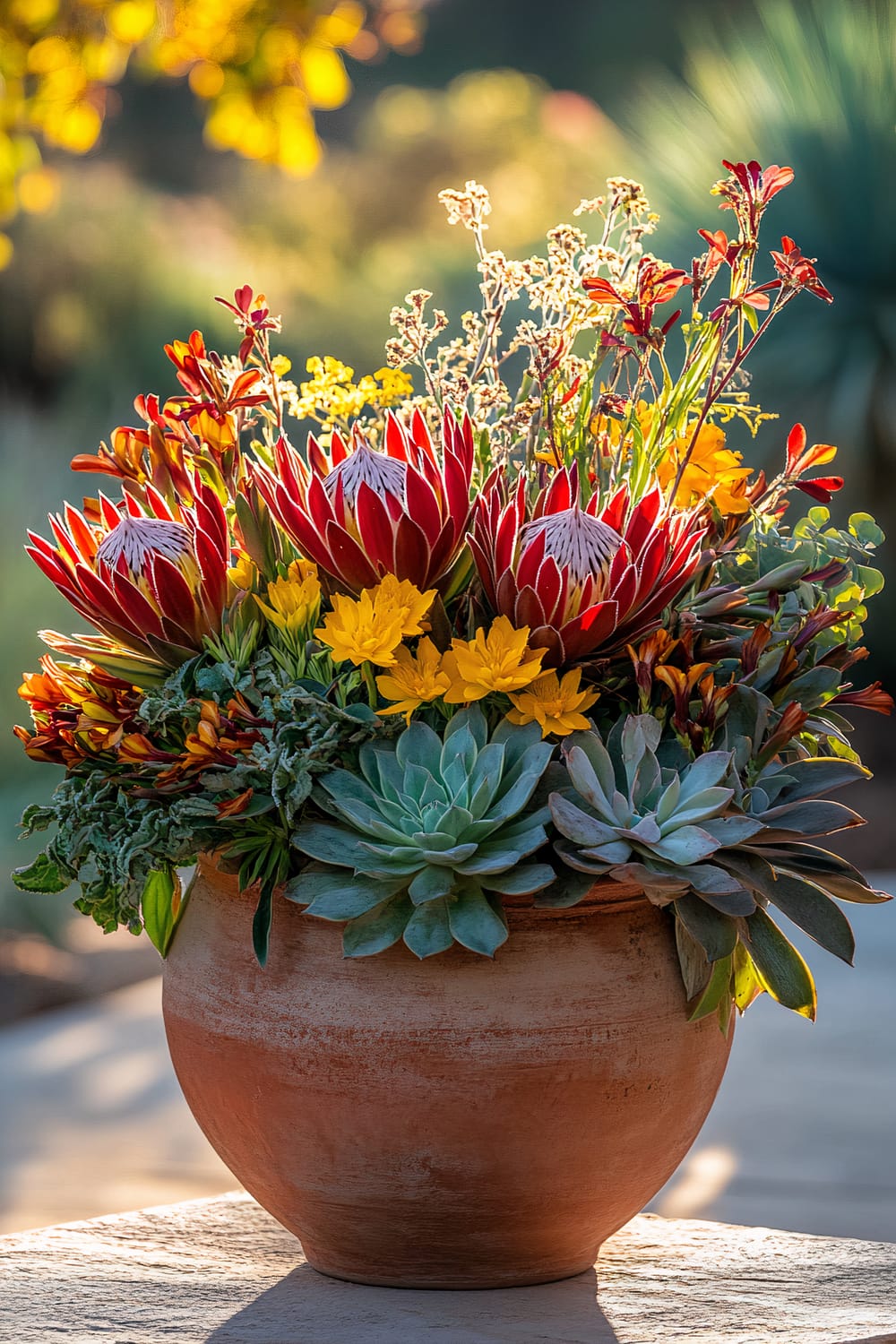 A terracotta pot filled with a variety of colorful flowers and succulents. The arrangement includes striking red and white proteas, vibrant yellow flowers, and various succulents. The background is softly blurred, suggesting an outdoor setting bathed in warm sunlight.