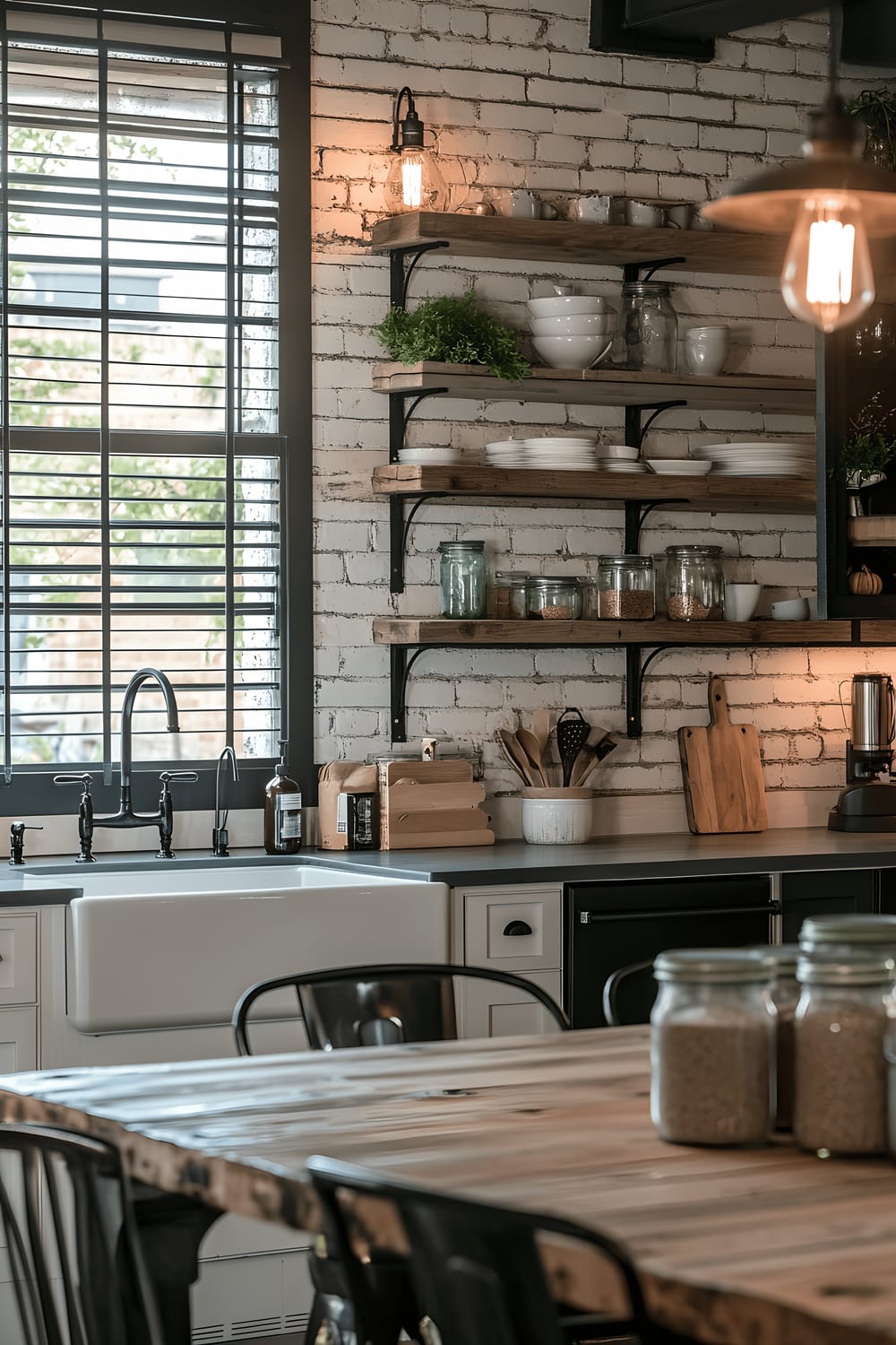 A farmhouse-inspired kitchen with industrial elements such as distressed wood shutters, a wooden dining table with metal chairs, and hanging Edison bulb fixtures. The kitchen features concrete countertops, copper cookware, open shelves displaying mason jars and artisanal kitchenware, reclaimed wood cabinetry, steel stainless appliances, and a large farmhouse sink with vintage faucets. The room is lit with warm, striking light, creating an ambiance of rustic charm.