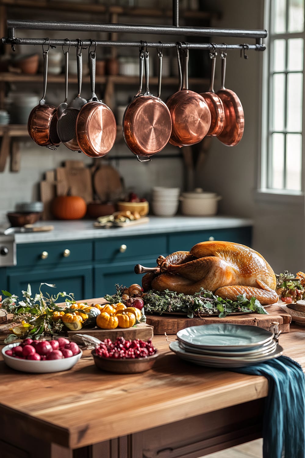 A vintage kitchen decorated for Thanksgiving features a hanging rack with copper cookware, a wooden island displaying various fall-themed dishes. The island centerpiece is a roasted turkey surrounded by small pumpkins, leafy greens, radishes, and cranberries. Teal and mustard kitchen linens, a mix of teal lower cabinets, natural light, and rustic wooden elements enhance the nostalgic atmosphere.