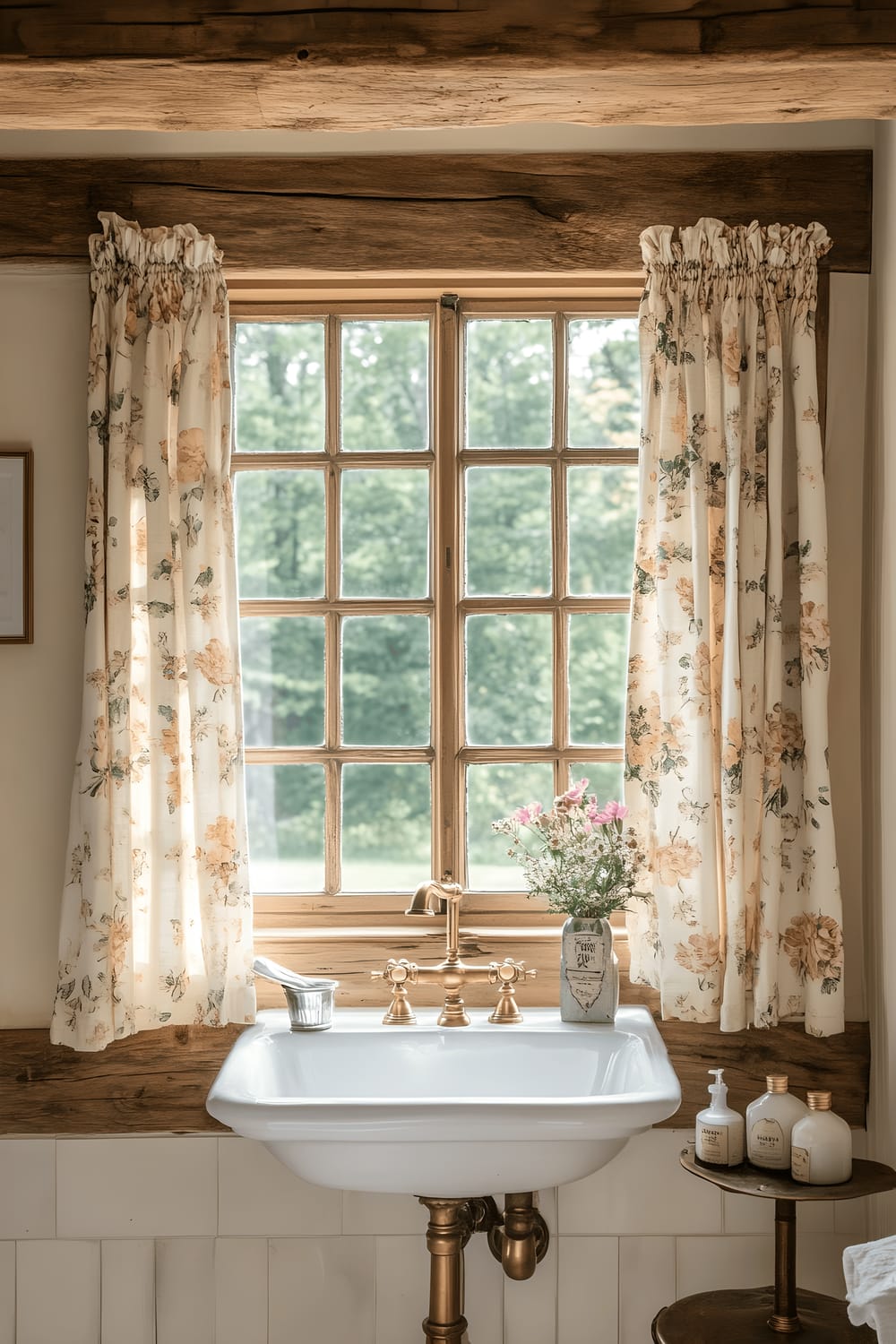 A quaint, vintage-style bathroom with rustic details such as distressed wood beams and antique brass fixtures. A classic white pedestal sink is positioned under a large farmhouse window adorned with floral curtains. The morning light streaming through the window illuminates the room, bringing attention to the vintage accessories like an antique scale and porcelain soap dishes. The room is painted in earthy tones, contributing to its warm, timeless feel.