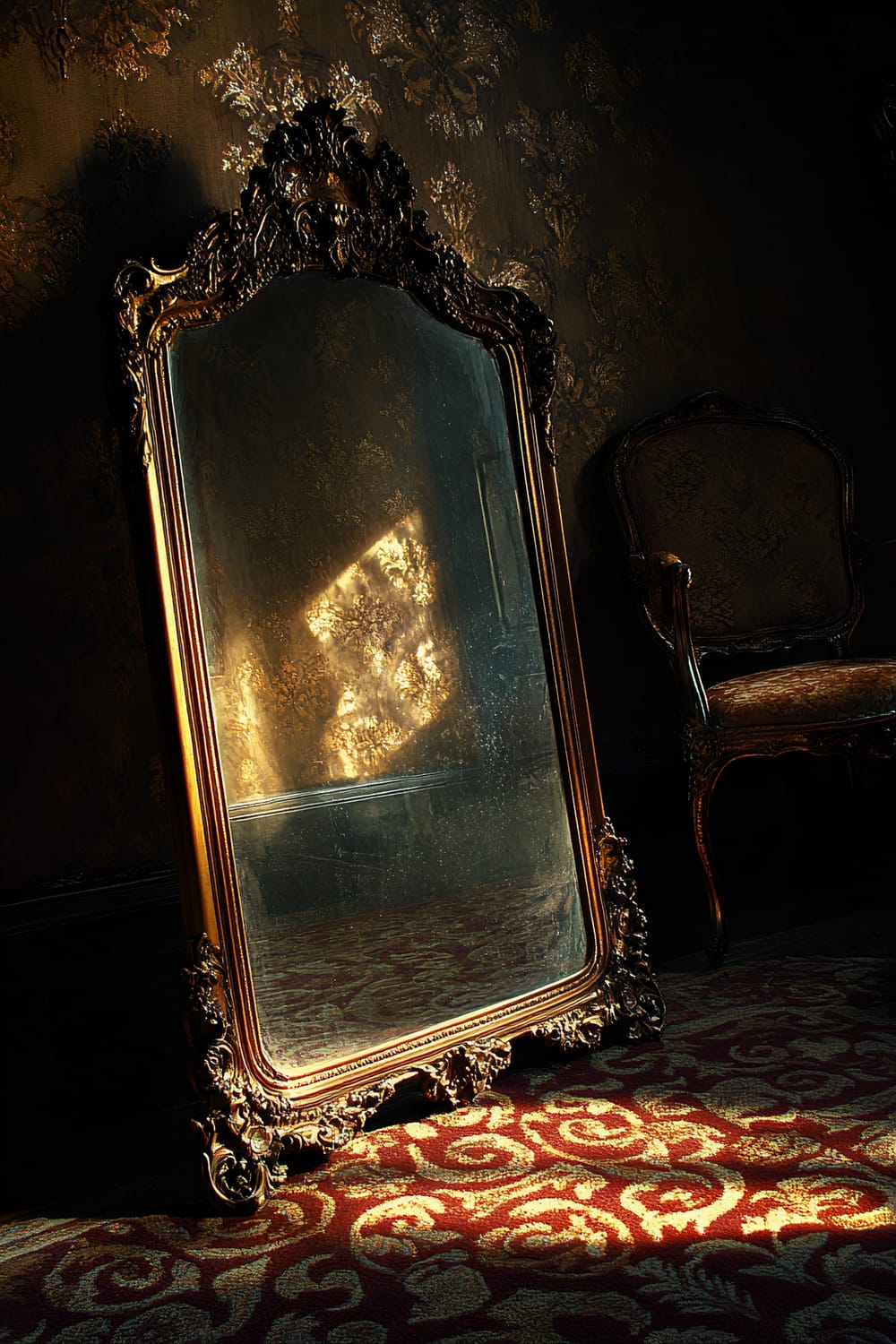 An ornate, gilded mirror lies against a richly textured dark velvet wall, reflecting subtle, ghostly apparitions. Dramatic side lighting creates long shadows on the wall and floor, which is covered in a patterned, deep red carpet. Behind the mirror, an elegant antique chair with intricate detailing is partially visible, contributing to the sophisticated and eerie Halloween atmosphere of the room.