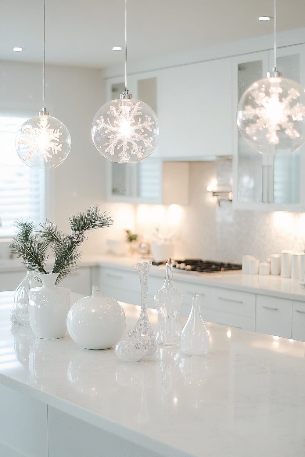 A bright, modern kitchen featuring sleek white cabinetry and marble countertops. The space is adorned with frosted glass holiday decorations such as snowflake ornaments on the overhead pendant lights and white ceramic vases on the countertop. A small ornamental pine branch arrangement in a white vase is also placed on the countertop, contributing to a festive and clean aesthetic.