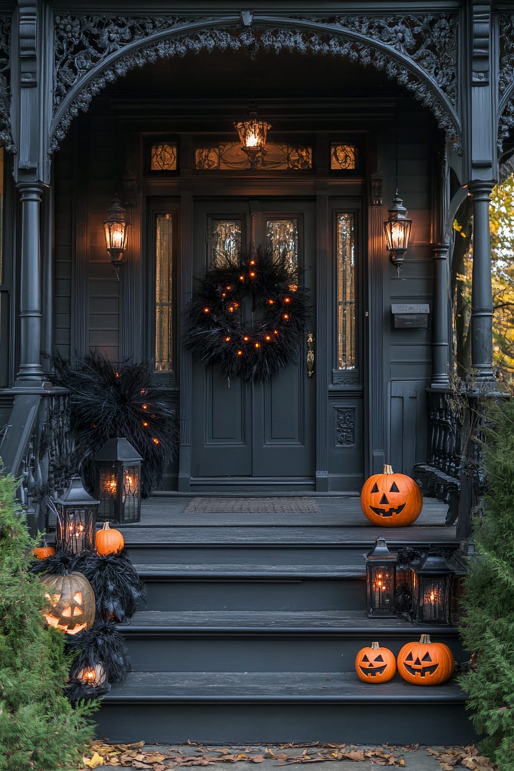 A Victorian-style front porch is adorned with elaborate Halloween decorations. The dark-painted wooden door and detailed black wrought-iron trimming create a gothic ambiance. The door features a large black feather wreath illuminated by small orange lights. To the sides of the steps, jack-o'-lanterns with carved faces glow warmly. Black lanterns with flickering orange lights are positioned both on the steps and beside the wrought iron balustrade. Feathery black decorations add to the dark yet festive Halloween aesthetic, enhancing the overall spooky atmosphere.