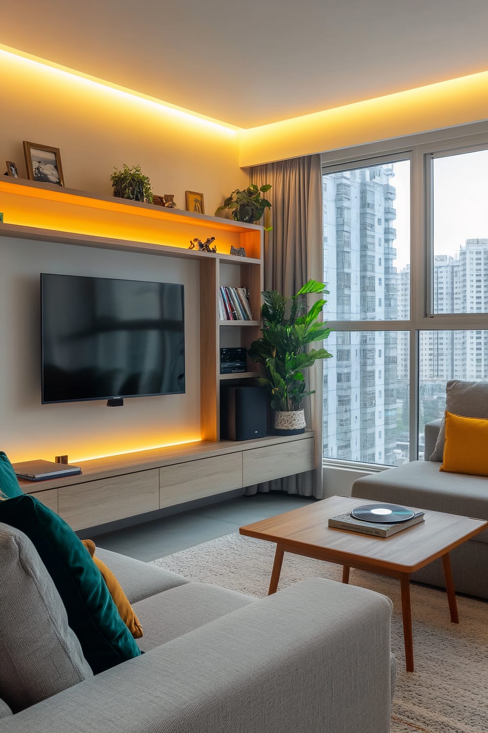 An interior of a modern living room featuring a sleek modular sofa in muted gray with accent pillows in mustard and teal. A minimalist, wall-mounted TV setup with a floating media console is the focal point. A low wooden coffee table holds design books and a record player. A light-colored rug is on the floor, and smart LED lights softly illuminate the space. Floor-to-ceiling windows reveal a cityscape, and potted plants add a touch of green.