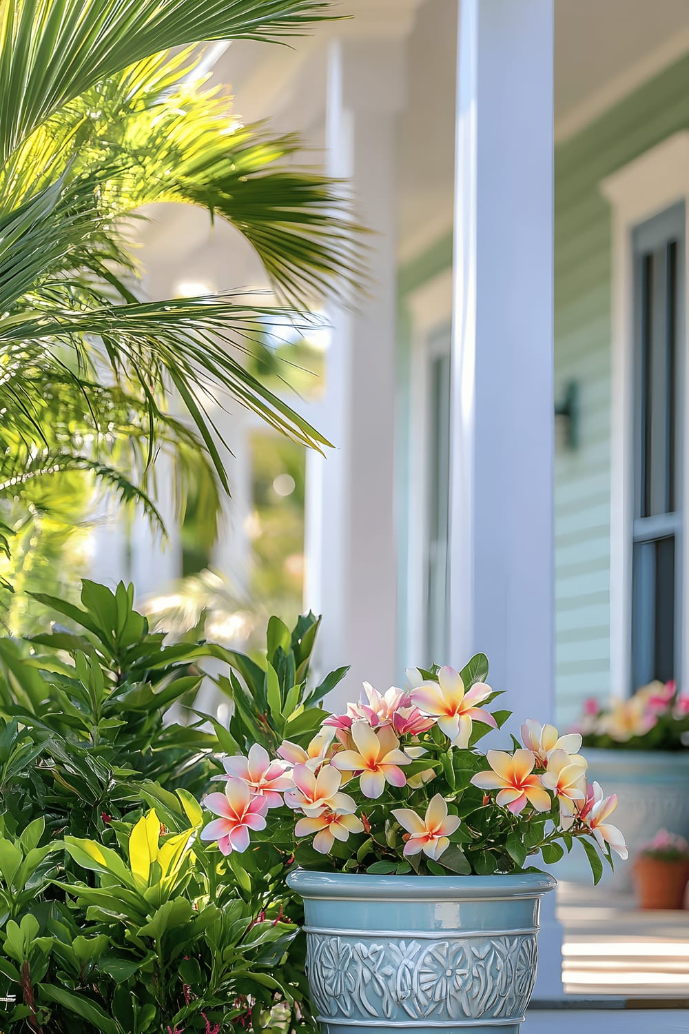 A charming coastal Florida home, surrounded by slender palm trees, basks in the morning sunlight. The spacious front porch is adorned with colorful plumeria plants in decorative ceramic pots, adding a pop of color to the serene setting. The pastel hues of the plumeria complement the vibrant green of the palm fronds, creating a picture-perfect scene.