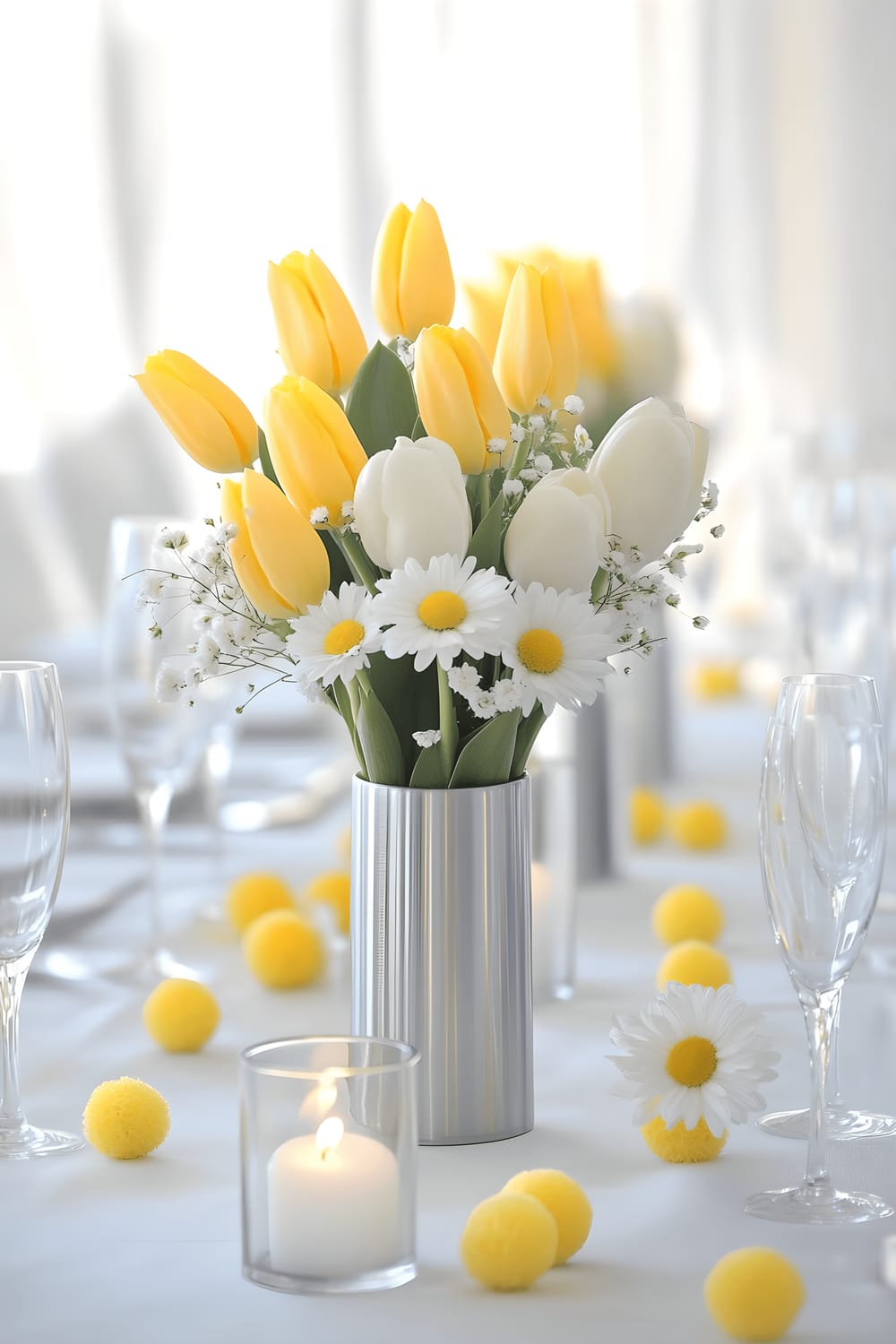 A contemporary table centerpiece with a sleek titanium vase filled with lemon yellow tulips and white daisies, titanium candle holders with white candles, and lemon yellow pom-poms scattered around. The centerpiece is placed on a white table with a grey runner, illuminated by natural light.