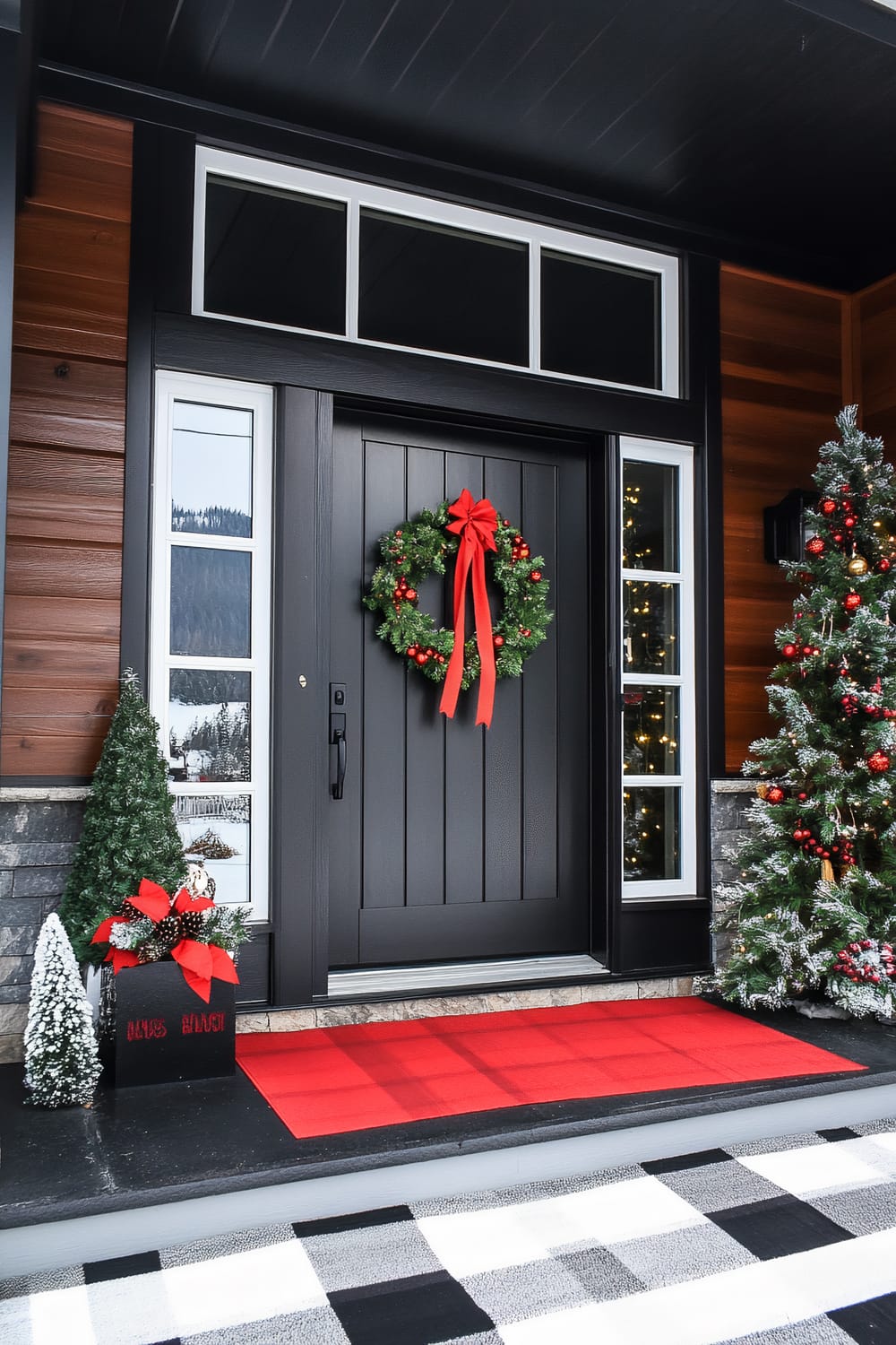 A modern front porch beautifully decorated for Christmas. A black front door with modern glass panel windows is adorned with a lush green wreath featuring a large red bow and berries. Flanking the door are two small Christmas trees – one decorated with red bows and another small flocked tree. A fresh, snow-covered evergreen tree is positioned to the right, adorned with red and gold ornaments and Christmas lights. The porch floor is styled with a vibrant red plaid doormat atop a buffalo plaid rug in black, white, and gray. The exterior of the house combines horizontal wood paneling and black trim, creating a warm and modern holiday atmosphere.