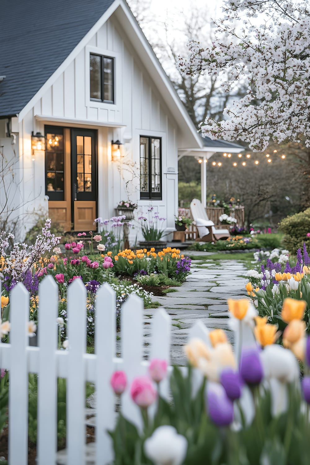 A beautiful modern farmhouse featuring a white board-and-batten exterior, symmetrical windows with black frames, front door in natural wood, wrapped with white picket fence adorned with climbing roses. The well-kept front yard hosts a mix of tulips, daffodils, and lavender blooming symmetrically across the lawn, while a stone pathway leads to the warm-lit porch, inviting with a wooden rocking chair and potted hydrangeas under suspended string lights. The setting sun casts a peaceful golden glow over the scene, painting shadow patterns on the white facade of the house.