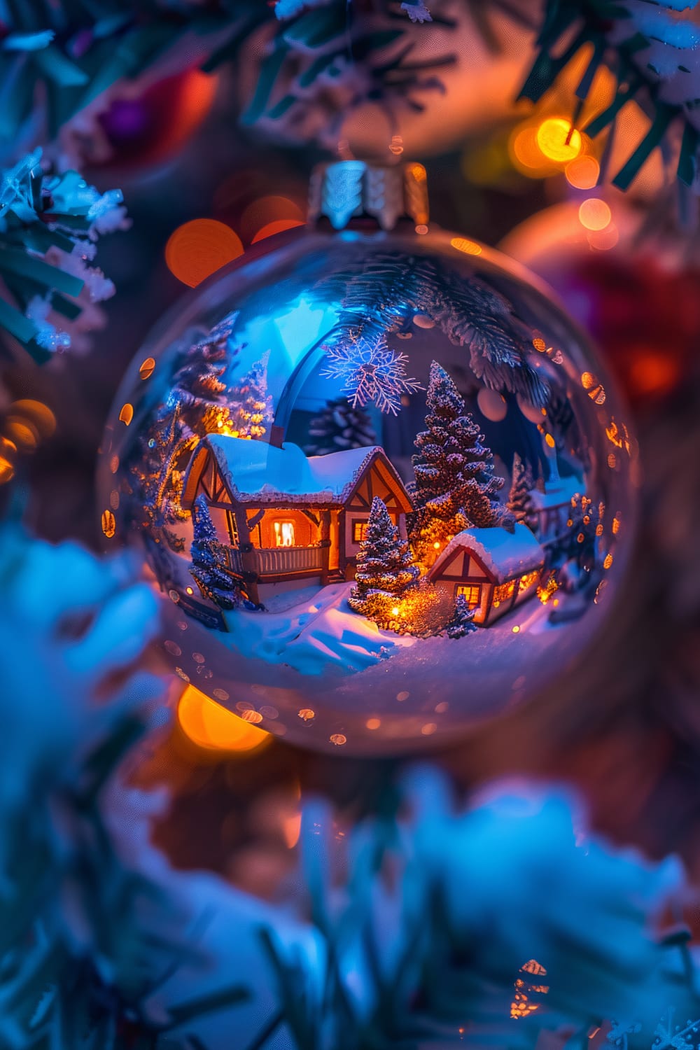 A close-up view of a Christmas tree ornament depicting a miniature snowy village scene. The ornament is glass, reflecting blue and amber lights while showcasing a detailed winter landscape with snow-covered cottages and pine trees. The background is an array of blurred Christmas tree branches adorned with colorful lights, adding a warm, festive glow.