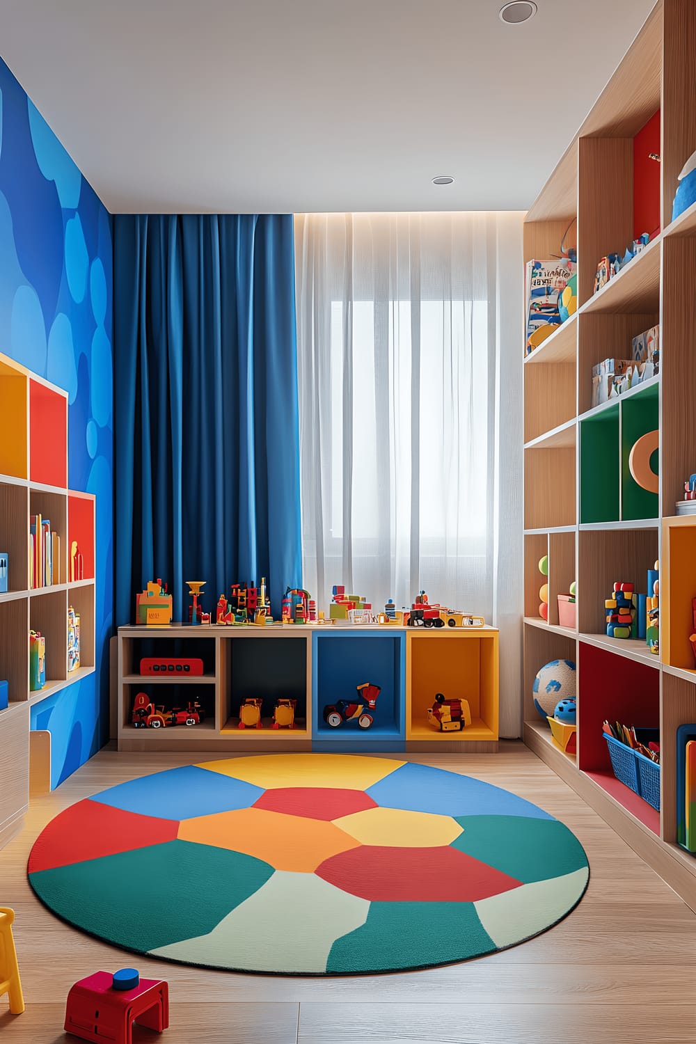 A vibrant kids' playroom set in a Milan home, full of bold primary colors and geometric patterns. The walls painted in bright blue and yellow are adorned with geometrically patterned wallpaper in red and green accents. Low wooden shelves carrying colorful toys, books, and art supplies are organized neatly, aiding easy access. The room also features a large circular rug embossed with a geometric design, surrounded by modular storage units whose colors match the vivid theme of the room. Natural light flows in from large windows curtained with vibrant shades, fueling an energetic atmosphere outstandingly well-arranged with no signs of clutter.