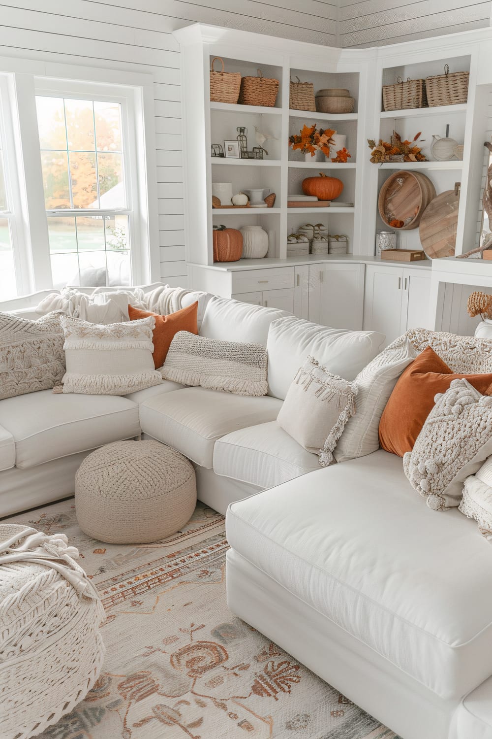 A welcoming living room features a large, white sectional sofa adorned with various textured throw pillows in beige and orange. A knitted beige pouf sits on an intricately patterned rug. Shelves behind the sofa display baskets, fall-themed decor, pumpkins, and assorted ceramics, creating a warm and seasonal atmosphere. Ample natural light pours in through the large windows with glimpses of an outdoor fall landscape.