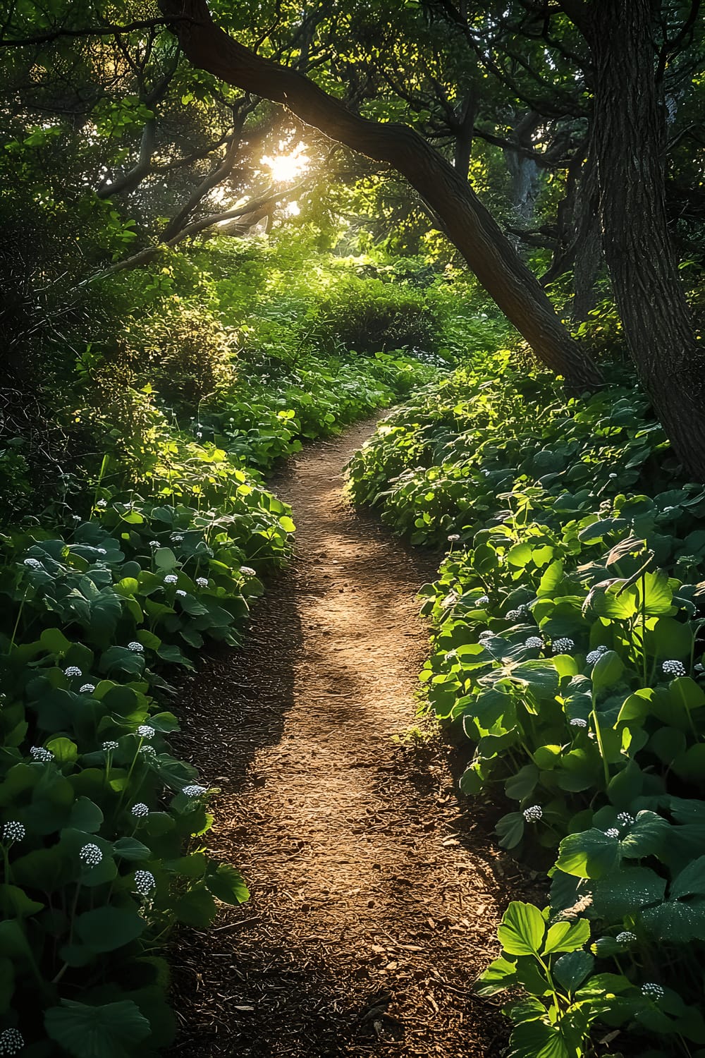 A picturesque view of a winding forest path in a self-sustainable permaculture garden. The garden is rich with varied plants like wild strawberries, ramps, hazelnut shrubs, and pawpaw trees. The path is engulfed by a thick verdant canopy filtering the sun's light, creating an enchanting atmosphere in this hidden edible paradise.