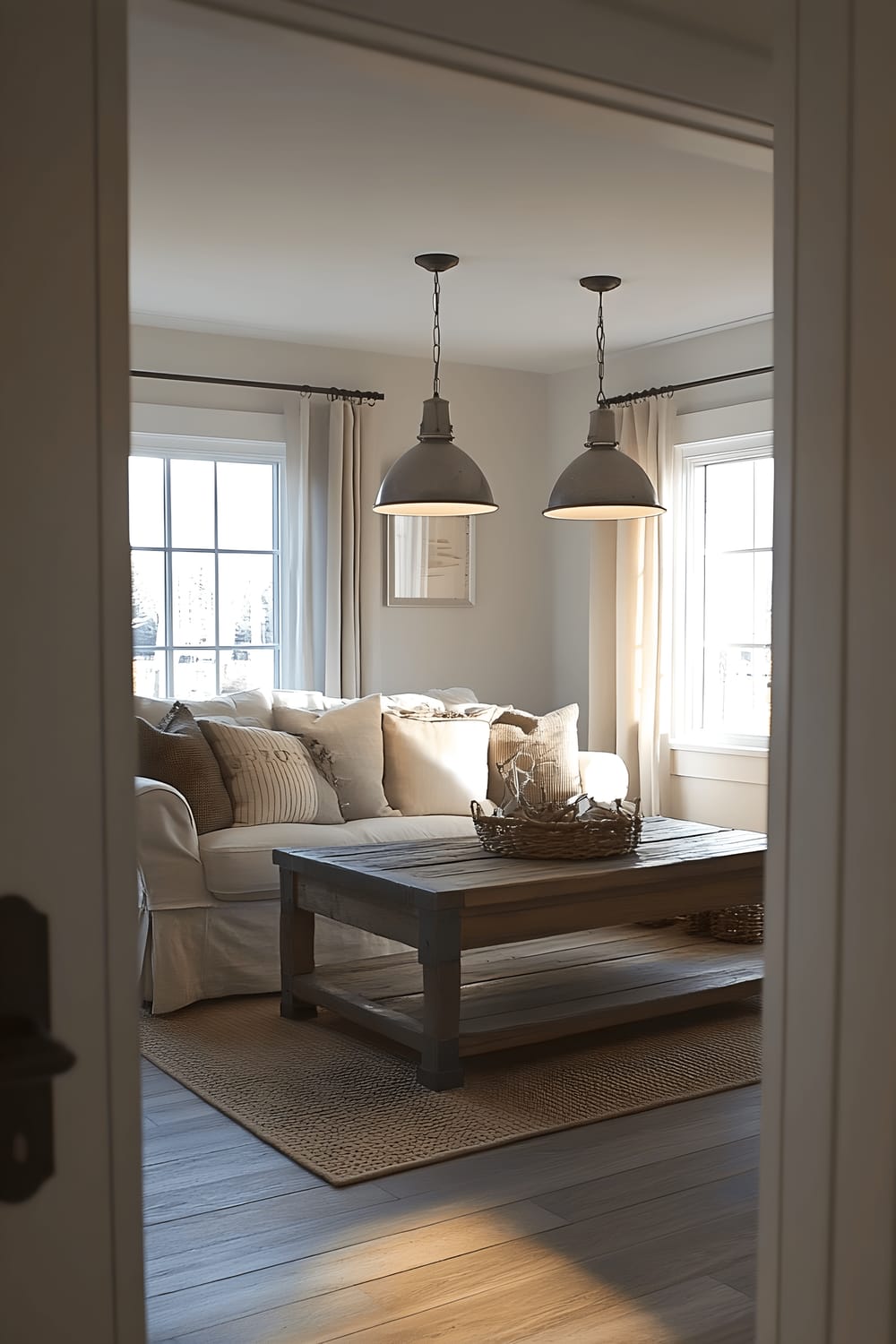 A modern farmhouse living room viewed from an entrance door, showcasing a large comfortable linen sofa, a reclaimed wood coffee table, and shiny metal pendant lights. Two windows on the side invite ample natural light into the room, highlighting the rustic and contemporary design elements.