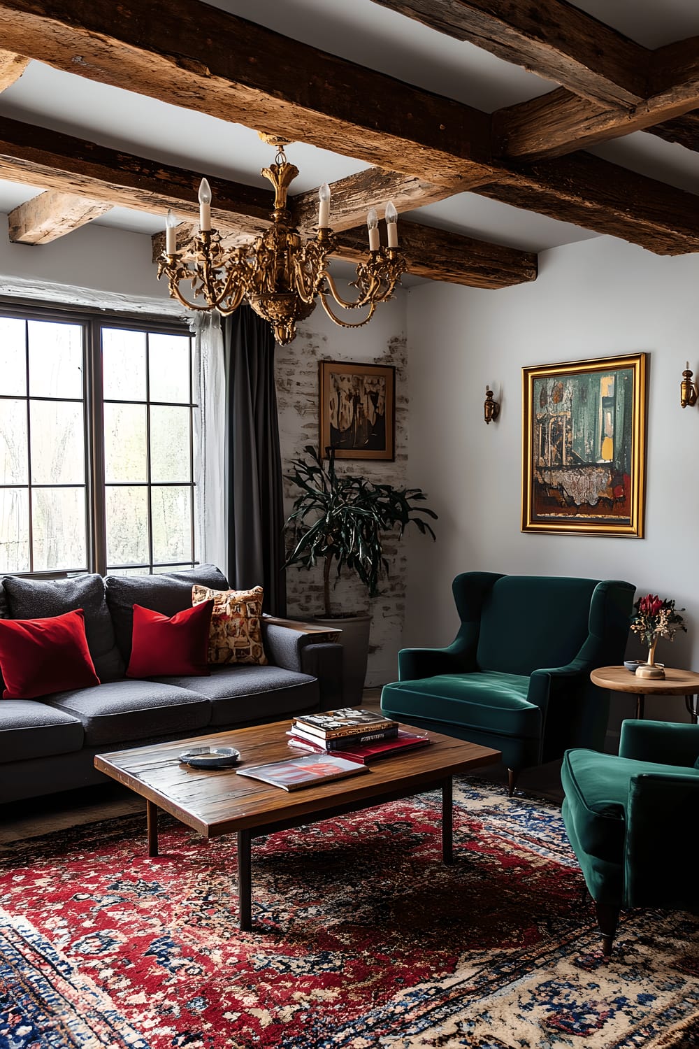 A comfortable living room bathed in soft light illuminates a plush charcoal gray sofa, decorated with deep red throw pillows. A cobalt blue velvet armchair is included in the scene, adding a pop of color. A distressed oak coffee table sits in the center of the room, sitting atop a luxurious emerald green velvet rug. Overhead, oxblood red vintage wooden beams add a classical touch while a gold leafed brass chandelier casts a warm and inviting glow.