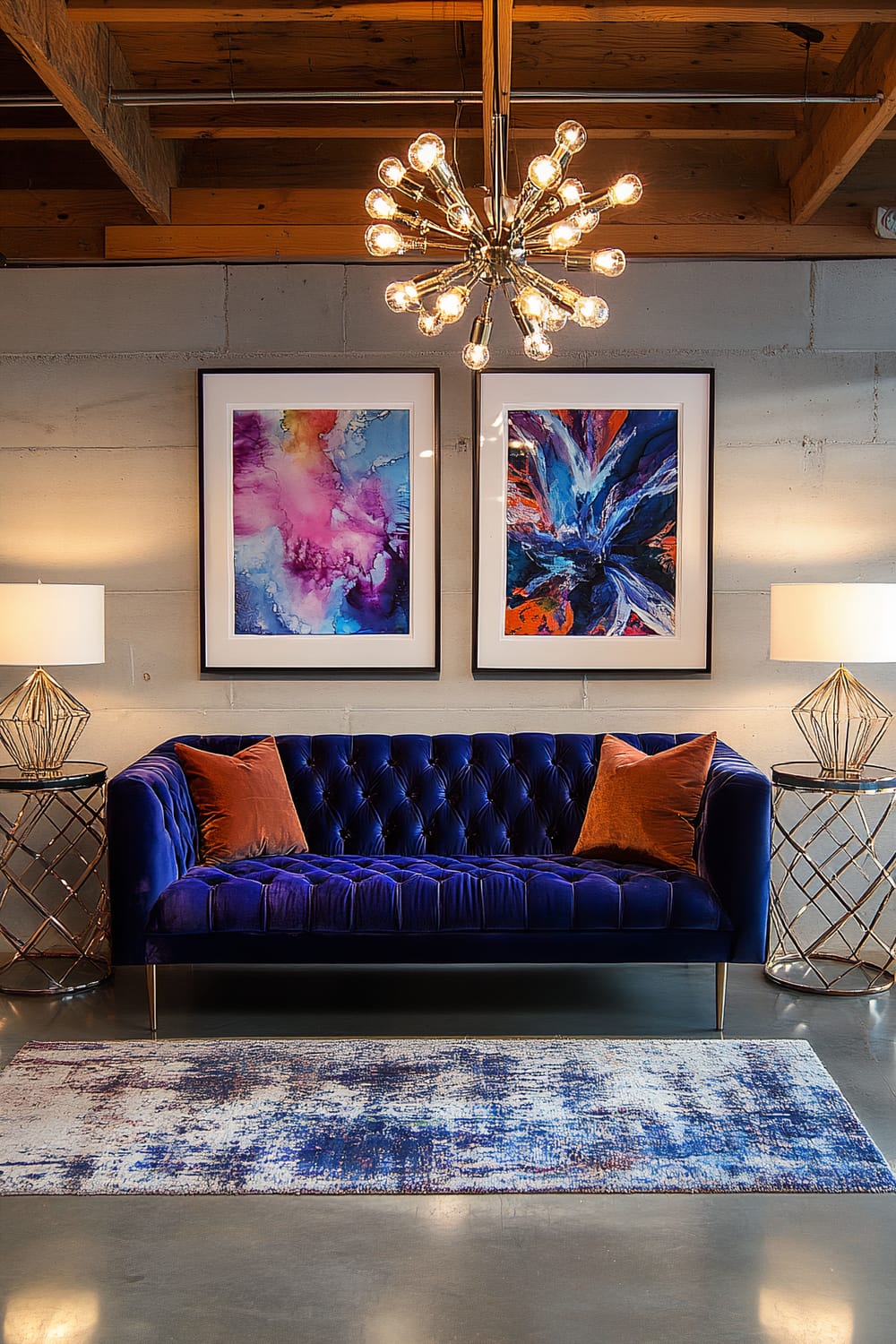 An Art Deco-inspired loft interior featuring a velvet tufted sofa in deep blue, two geometric mirrored side tables with matching lamps, and two framed abstract artworks on the wall. A bold metallic chandelier with multiple exposed bulbs hangs from the wooden ceiling. A rug with blue and white tones lies in front of the sofa.