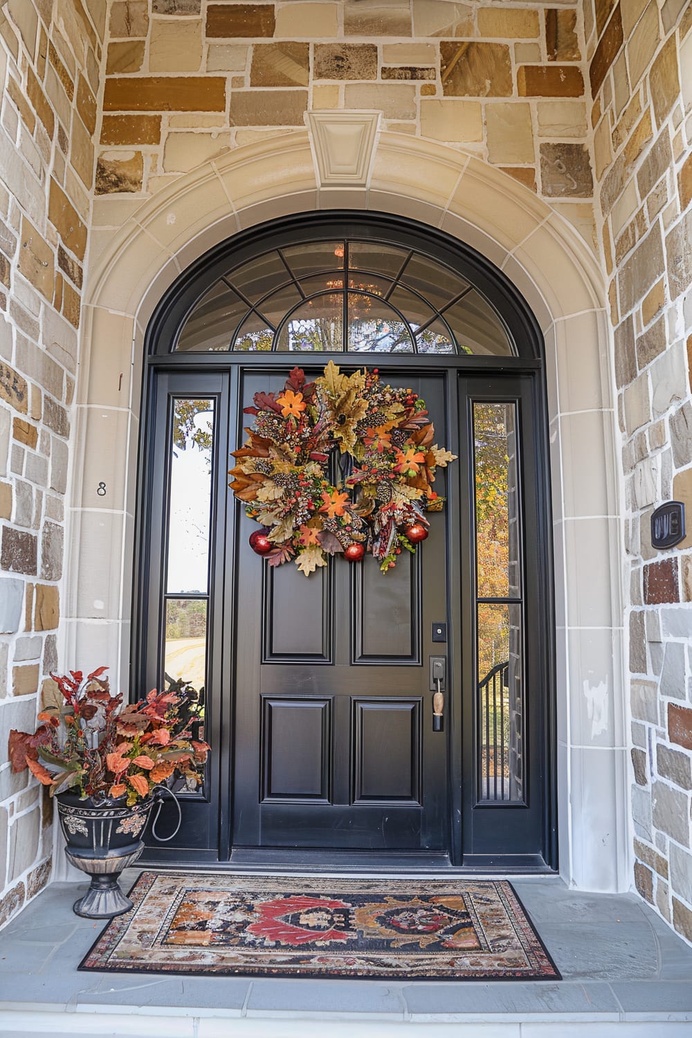 An inviting front door displays a fall-themed wreath with leaves and small ornaments. The door is black with sidelights and a large transom window above. Stonework in neutral tones surrounds the door. A black urn to the left holds seasonal foliage, and a decorative rug with a vibrant, detailed pattern lies at the entrance.