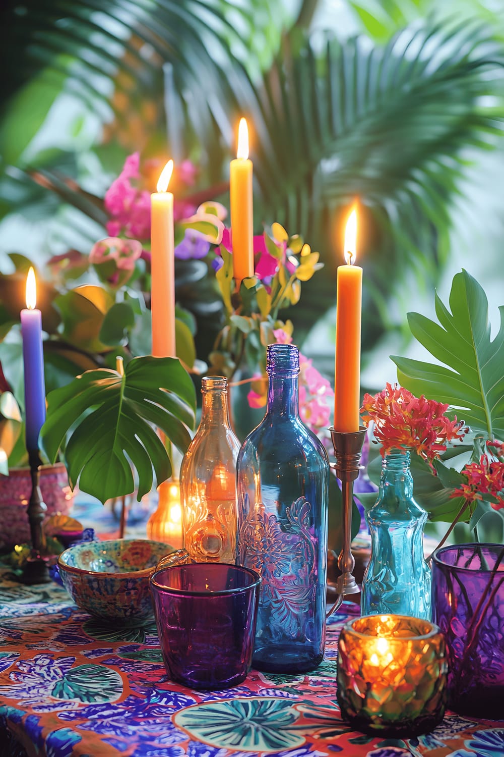 A large, vibrant table centerpiece composed of a varied collection of items. An array of colorful glass bottles stand amongst luscious green monstera and fern plants, assorted candles of various heights and colors, and patterned ceramic bowls. Everything is arranged on a bold, richly patterned tablecloth under bright, natural light, exuding an eclectic maximalist style.