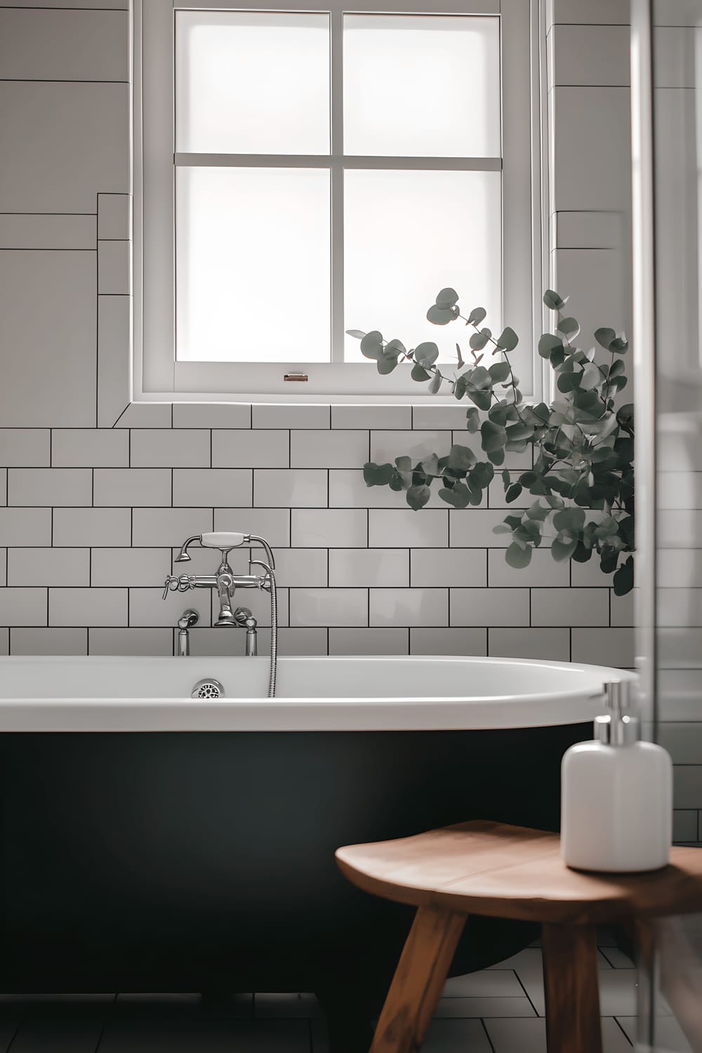 A minimalistic bathroom dominated by white and black color palette. The wall is lined with white subway tiles, with a freestanding matte black bathtub against it. A clear glass enclosure houses a shower with simplistic chrome faucet. A wooden stool with a white ceramic soap dispenser is located beside the bathtub. Sunlight softly entering from a frosted window adds a subdued glow. On the countertop, a clear glass jar holds a single sprig of eucalyptus.