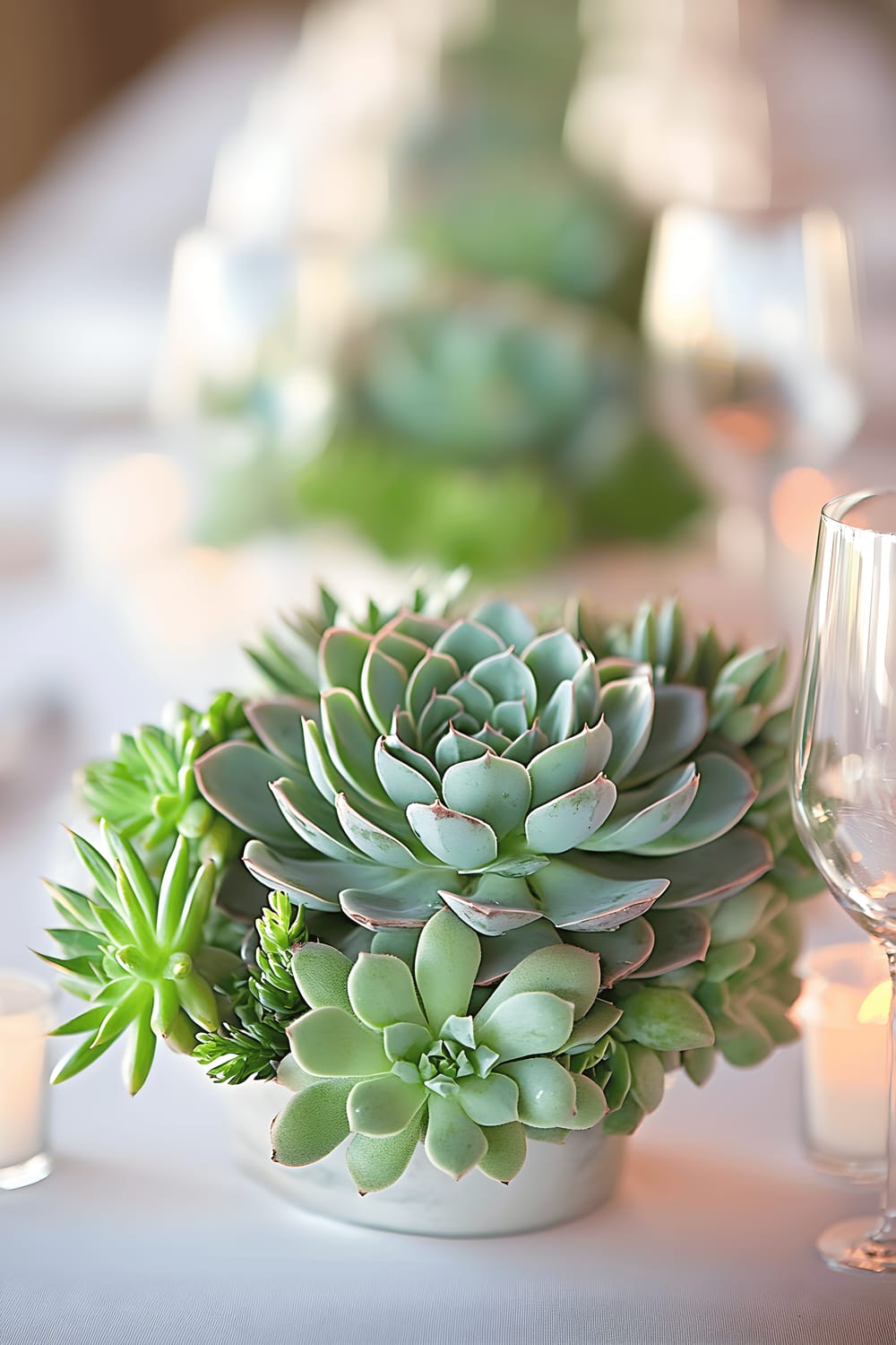 An image depicting a wedding reception, with beautifully decorated tables covered in white cloth, topped with elegant succulent centerpieces that add a touch of green to the otherwise monochromatic setting. Crystal clear glasses, white ceramic plates, and grey napkins add to the classy ambiance, inviting guests to enjoy a memorable event.