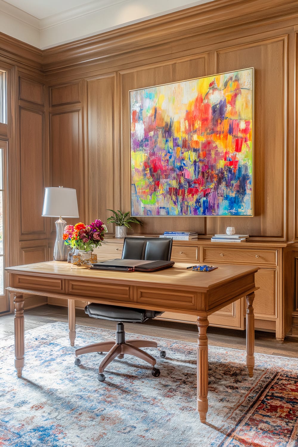 A neatly arranged office space features a large wooden desk with a black office chair. The desk holds a lamp, a bouquet of colorful flowers, and office essentials. Behind the desk, there are built-in wooden cabinets with shelves hosting books and a plant. A large, vibrant, abstract painting with shades of red, yellow, blue, and purple hangs on the wooden paneled wall. This space is complemented by a detailed, multicolored rug on the floor, contributing to a sophisticated ambiance.