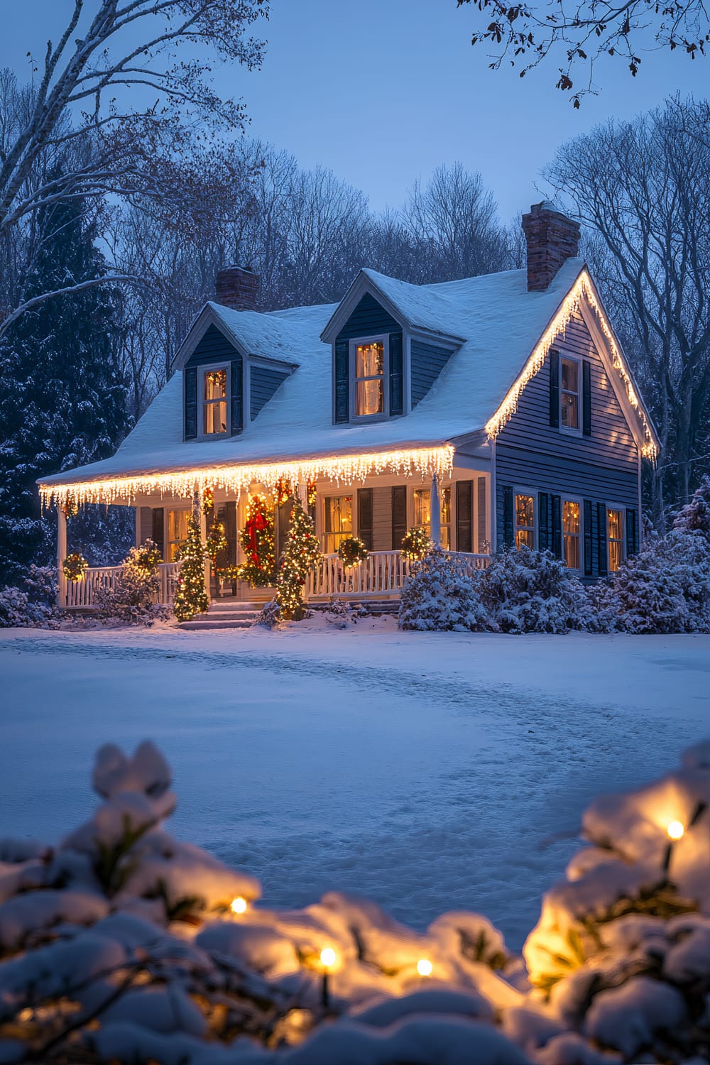 A charming snow-covered house nestles within a quiet, wintry landscape. The house boasts a classic architecture with a steeply pitched roof and twin chimneys. The front porch, laden with decorative lights, exudes a festive glow, highlighted by icicle-style light strands along the roofline. Two decorated Christmas trees are placed symmetrically at the entrance, complemented by lit wreaths on the windows. The foreground features snow-laden shrubs adorned with string lights, enhancing the serene, holiday atmosphere.