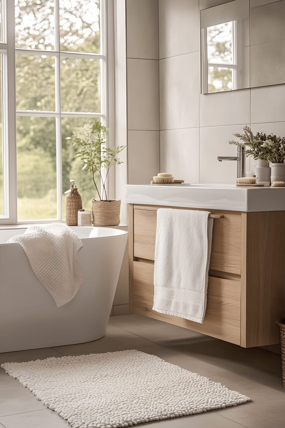 A spacious bathroom featuring Scandinavian style with a focus on minimalism. The image showcases a light wooden vanity on the left and a freestanding white bathtub on the right. The floor and walls are done in soft gray tiles, thereby emphasizing natural light that enters the room from a large window. A fluffy rug and neatly stacked linen towels add a homely touch to the space. The overall color scheme is neutral with subtle pastel accents.