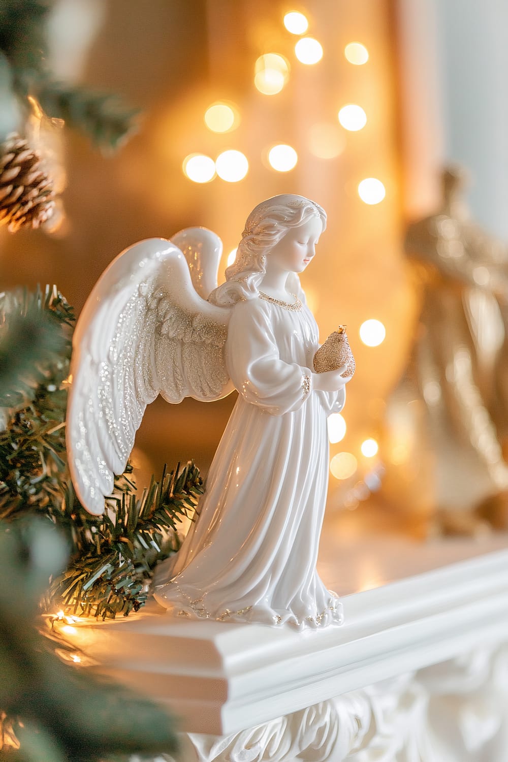 A closeup of an elegant white porcelain Christmas angel ornament, intricately detailed with delicate wings and flowing robes. The angel, holding a small heart-shaped object, is illuminated by soft, warm candlelight. It is placed on a traditional mantel adorned with evergreen branches and subtle gold accents. The background is softly blurred, emphasizing the angel's graceful presence.