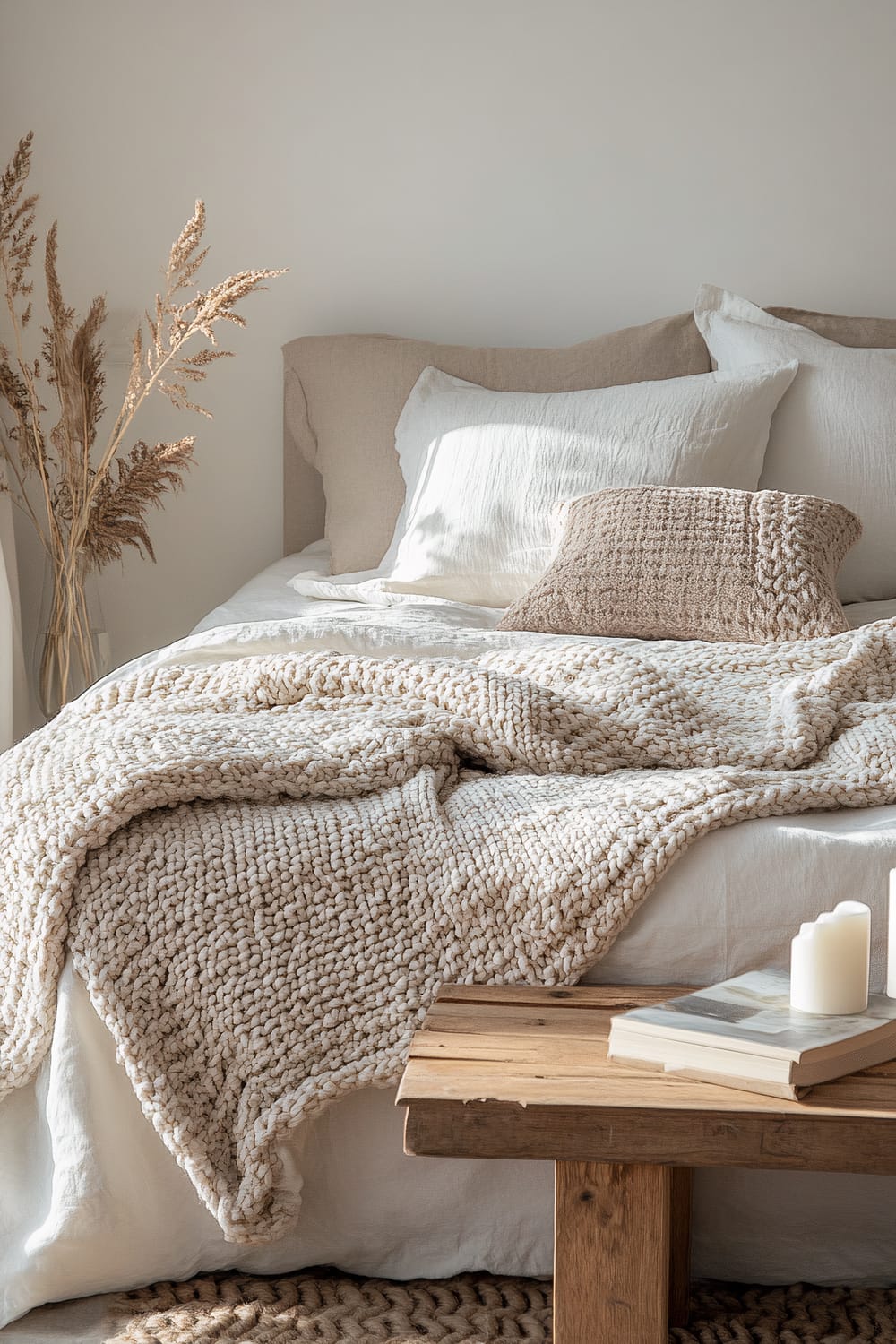 An inviting bedroom scene featuring a bed with a textured beige knit blanket, assorted neutral pillows, and a wooden bench at the foot of the bed. On the bench, there are three white candles and two closed books. To the side, a vase holds dried pampas grass. The room is adorned in calming, neutral tones with an emphasis on natural textures and materials.