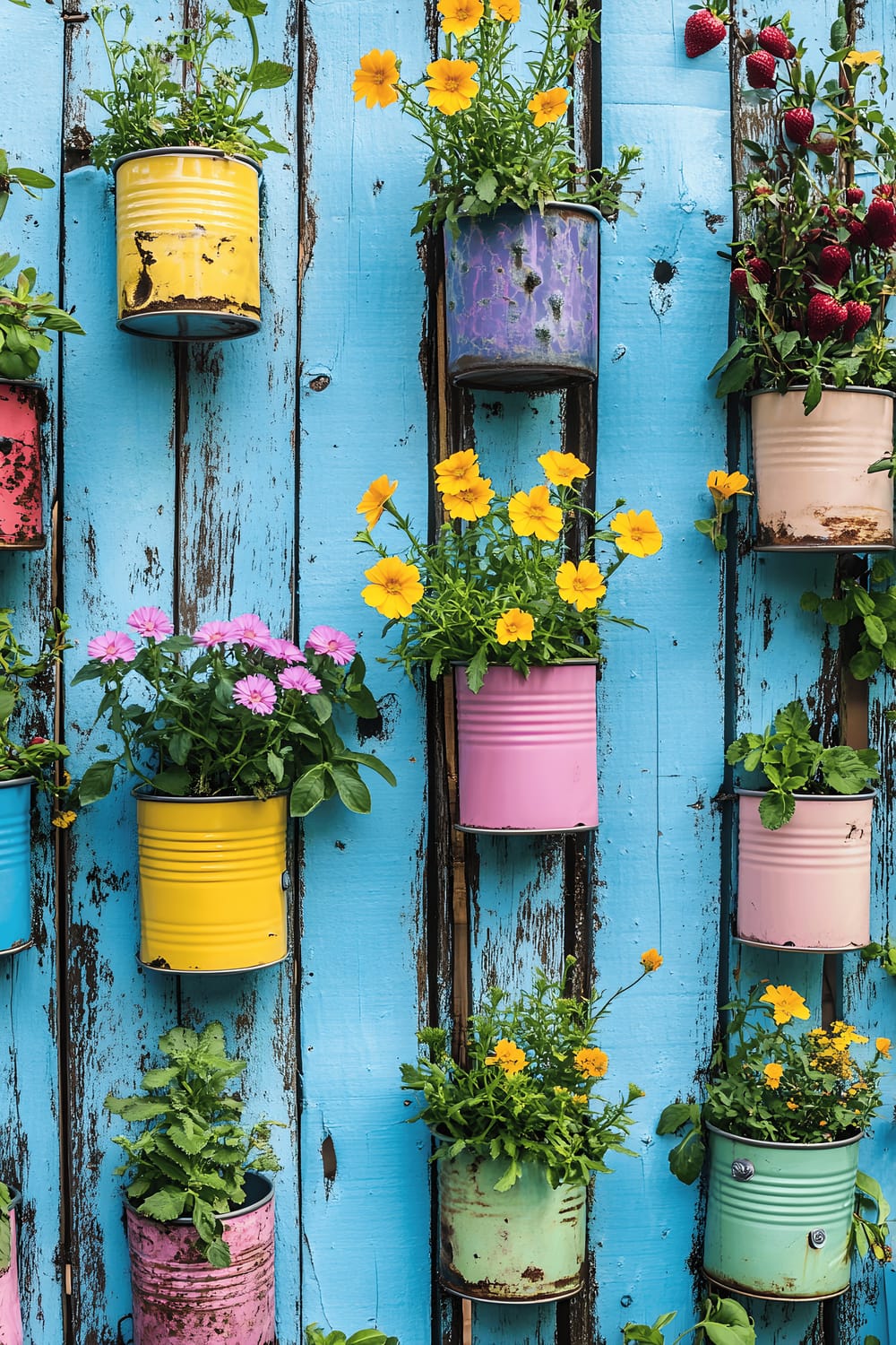 A colourful vertical garden with tin cans painted in bright pastels and filled with various plants like marigolds, succulents, and strawberries hanging on a repurposed wooden fence.