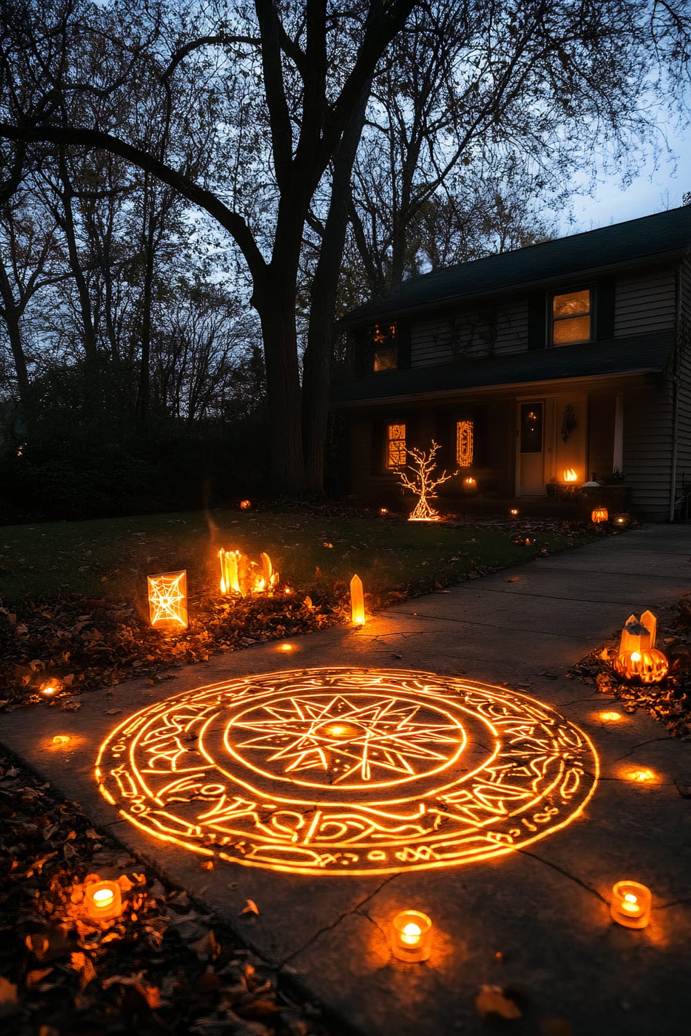 An eerie Halloween decoration featuring a large, glowing spell circle etched into the front yard of a suburban home at night. The spell circle is adorned with intricate magical symbols and surrounded by enchanted objects like floating candles, glowing crystals, and ancient spellbooks. The glowing spell circle emits a soft, ethereal light that illuminates the yard, casting mysterious shadows. Minimal garden elements, such as a simple pathway and bare trees, emphasize the spell circle as the focal point.