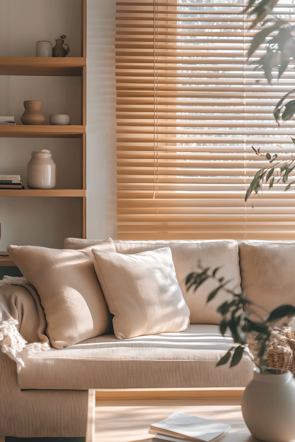 A small living room with Japandi design displaying a beige low-profile sofa positioned adjacent to a light oak coffee table. There are wooden shelves with simple ceramic vases. A large window with wooden blinds allows natural light from multiple directions and is accompanied by a minimalist floor lamp that gives additional lighting. The room's color scheme is filled with soft neutral tones creating a serene ambiance.